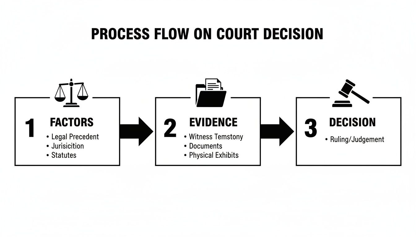 A process flow diagram illustrates the court decision journey, detailing factors, evidence, and the final ruling.