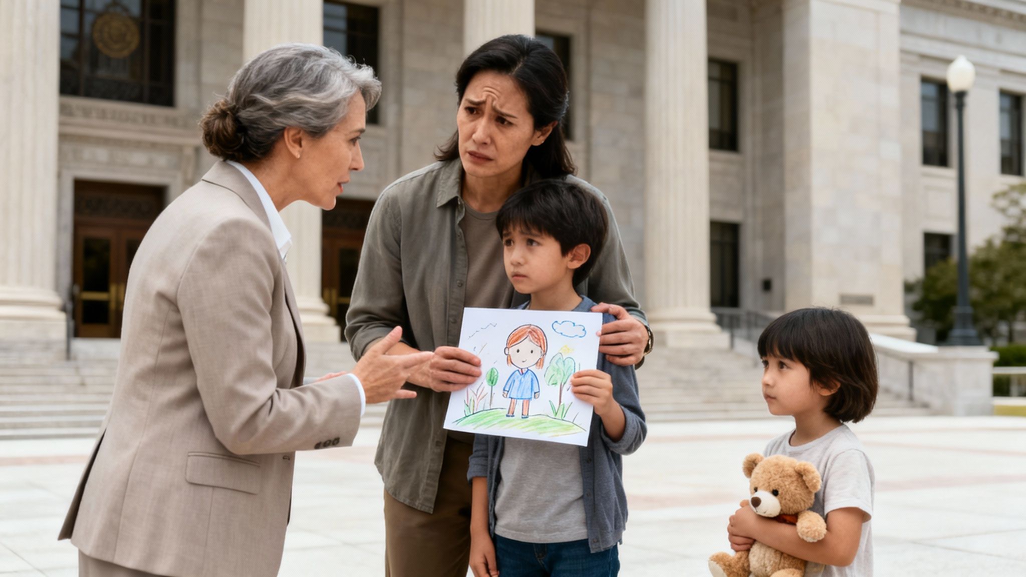 An older lawyer speaks to a distressed mother and two young boys outside a courthouse.