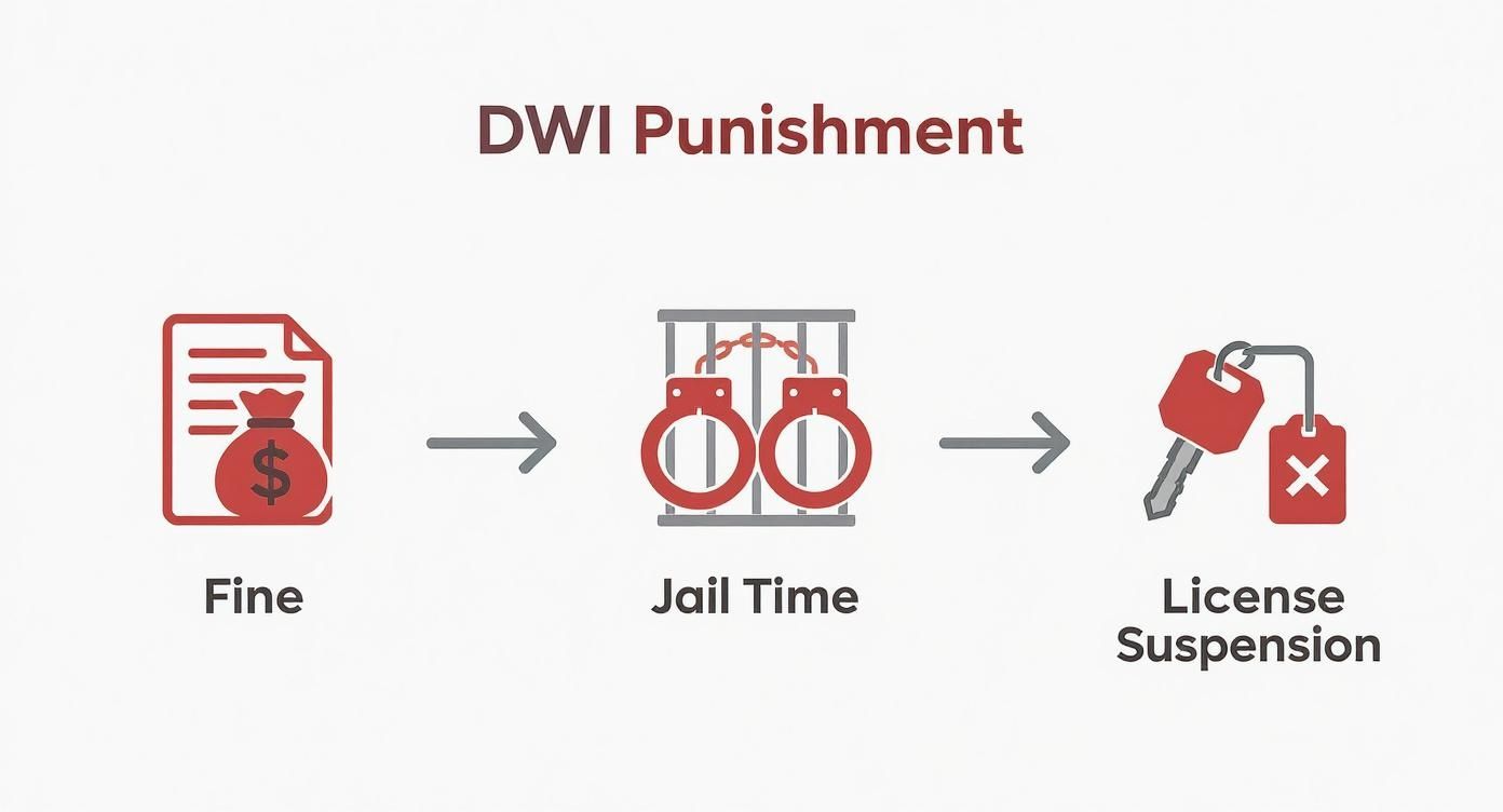 DWI punishment infographic illustrating fine, jail time, and license suspension consequences for DWI offenses in Texas.