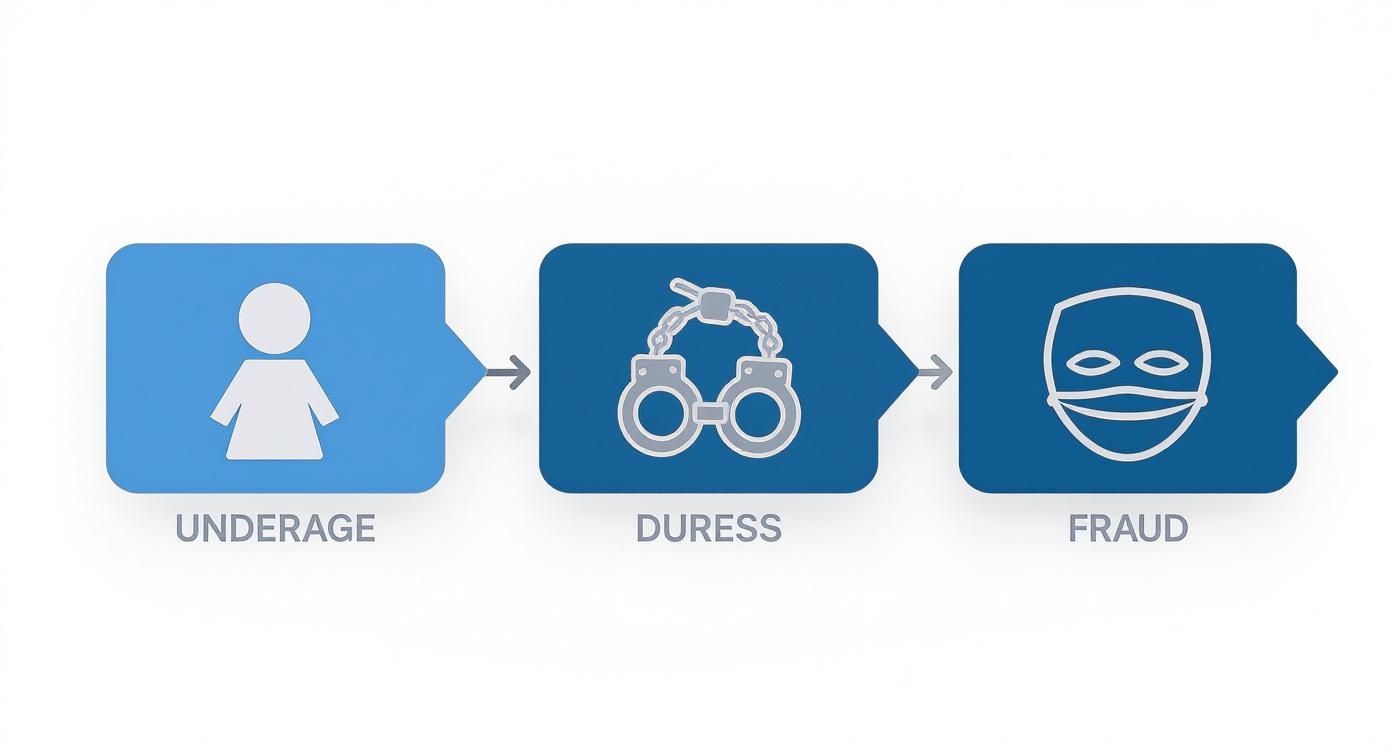 Flowchart illustrating common grounds for annulment: underage marriage, duress, and fraud.