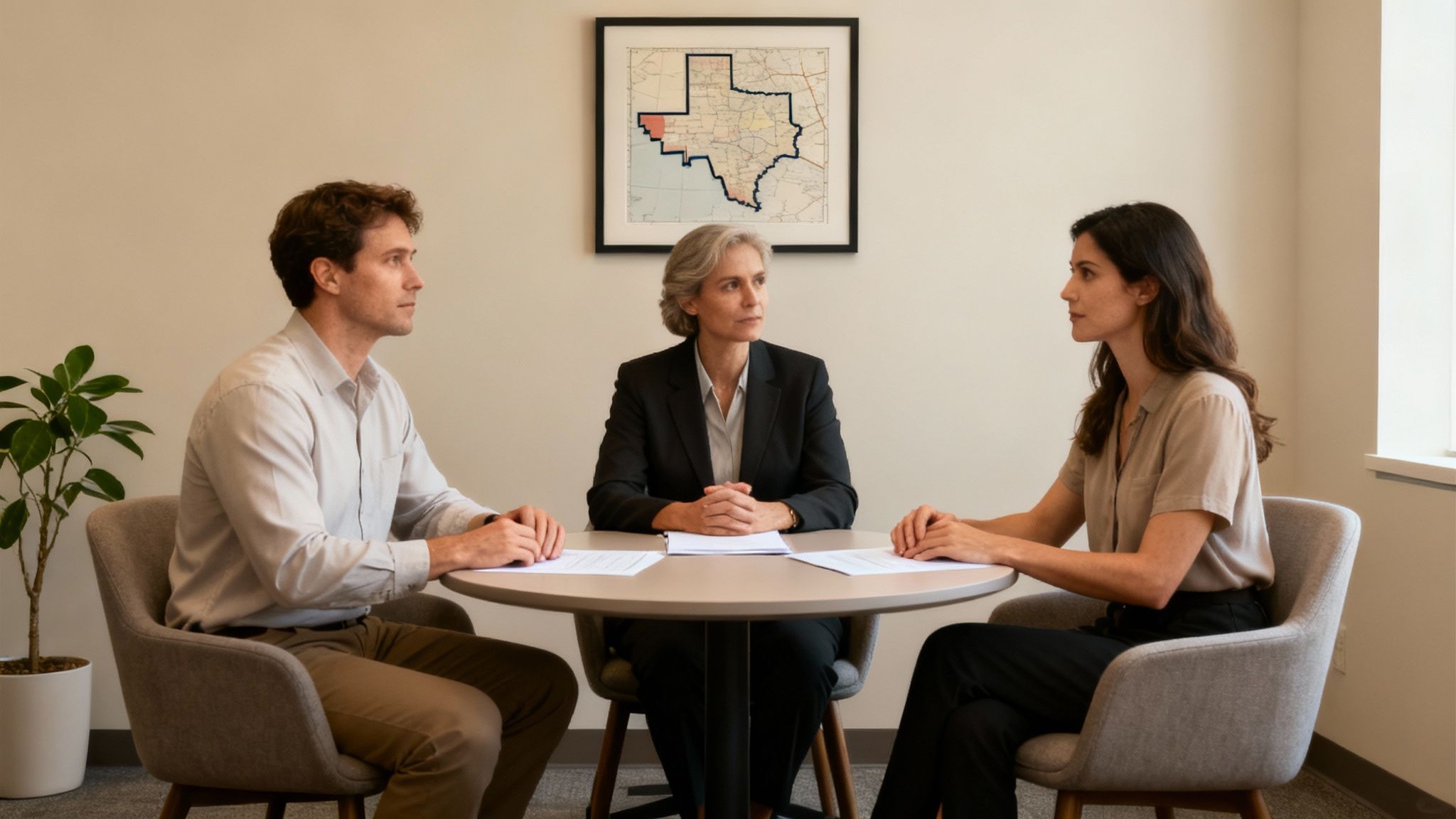 Couple engaging in divorce mediation with a neutral mediator in a professional setting, emphasizing a collaborative approach to resolving family disputes in Texas.