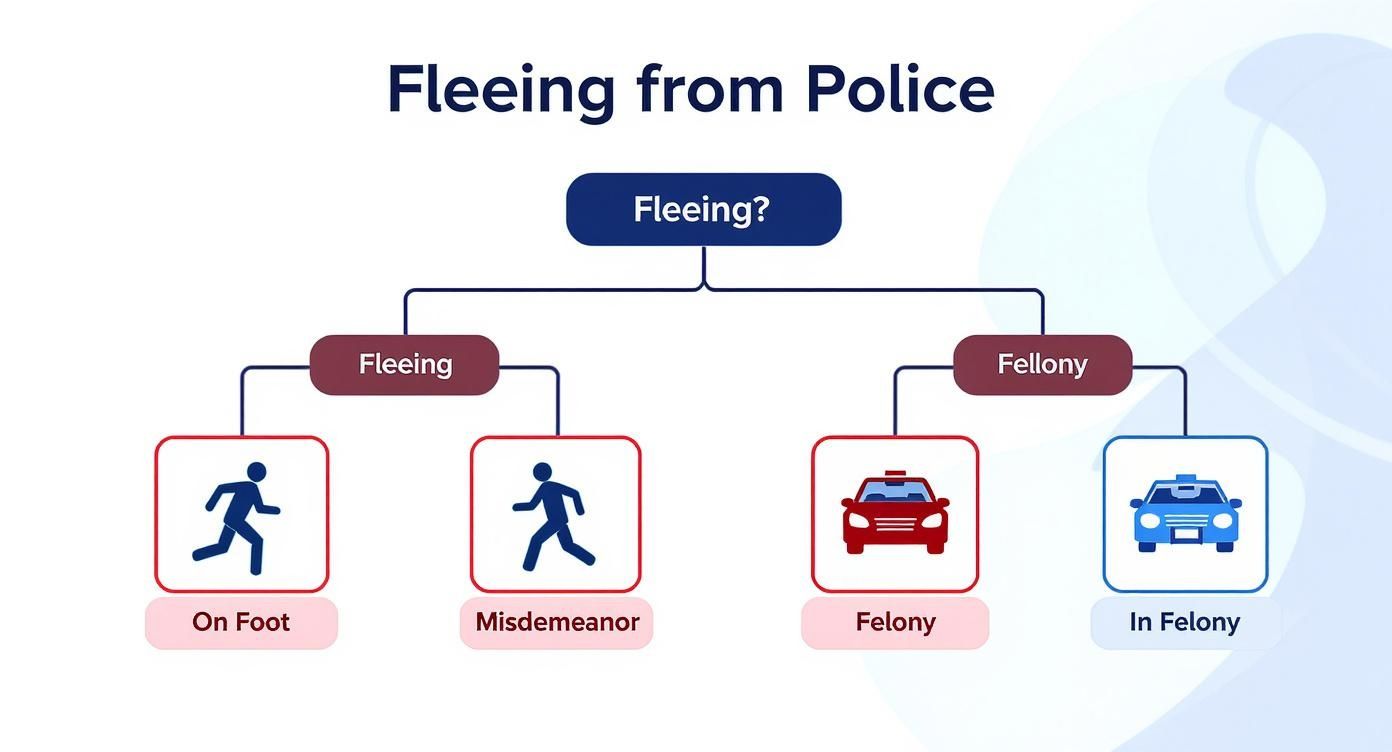 A flowchart titled 'Fleeing from Police' categorizing offenses from misdemeanor (on foot) to felony (in vehicle).