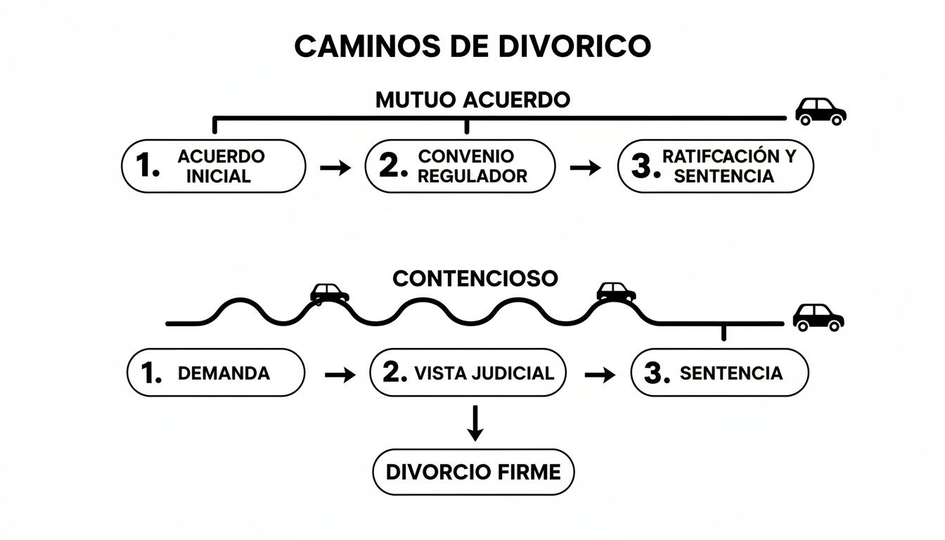 Diagrama que ilustra los caminos para un divorcio: mutuo acuerdo y contencioso, desde el inicio hasta la sentencia firme.