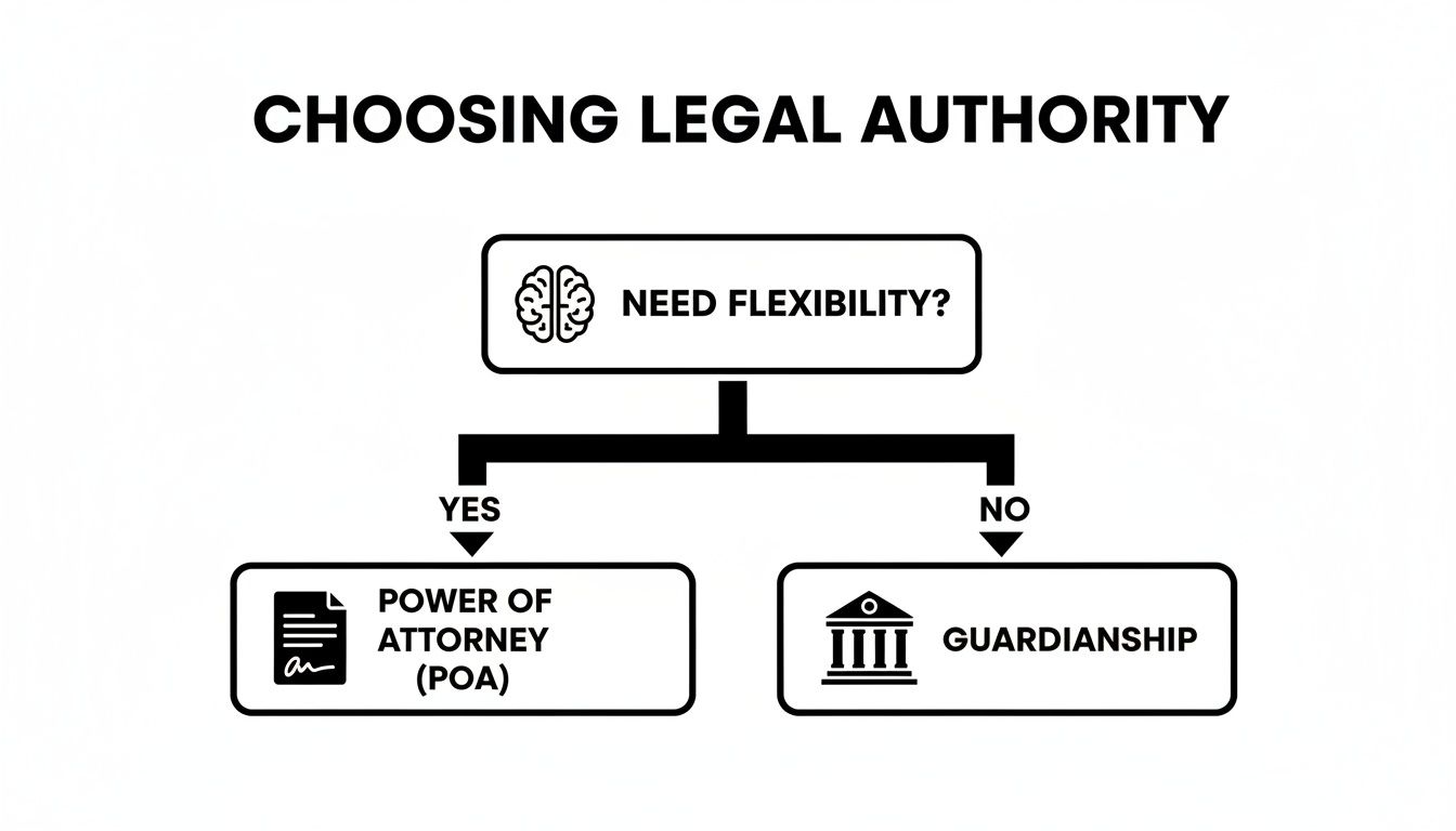 A flowchart guides choosing legal authority: Power of Attorney for flexibility, otherwise Guardianship.