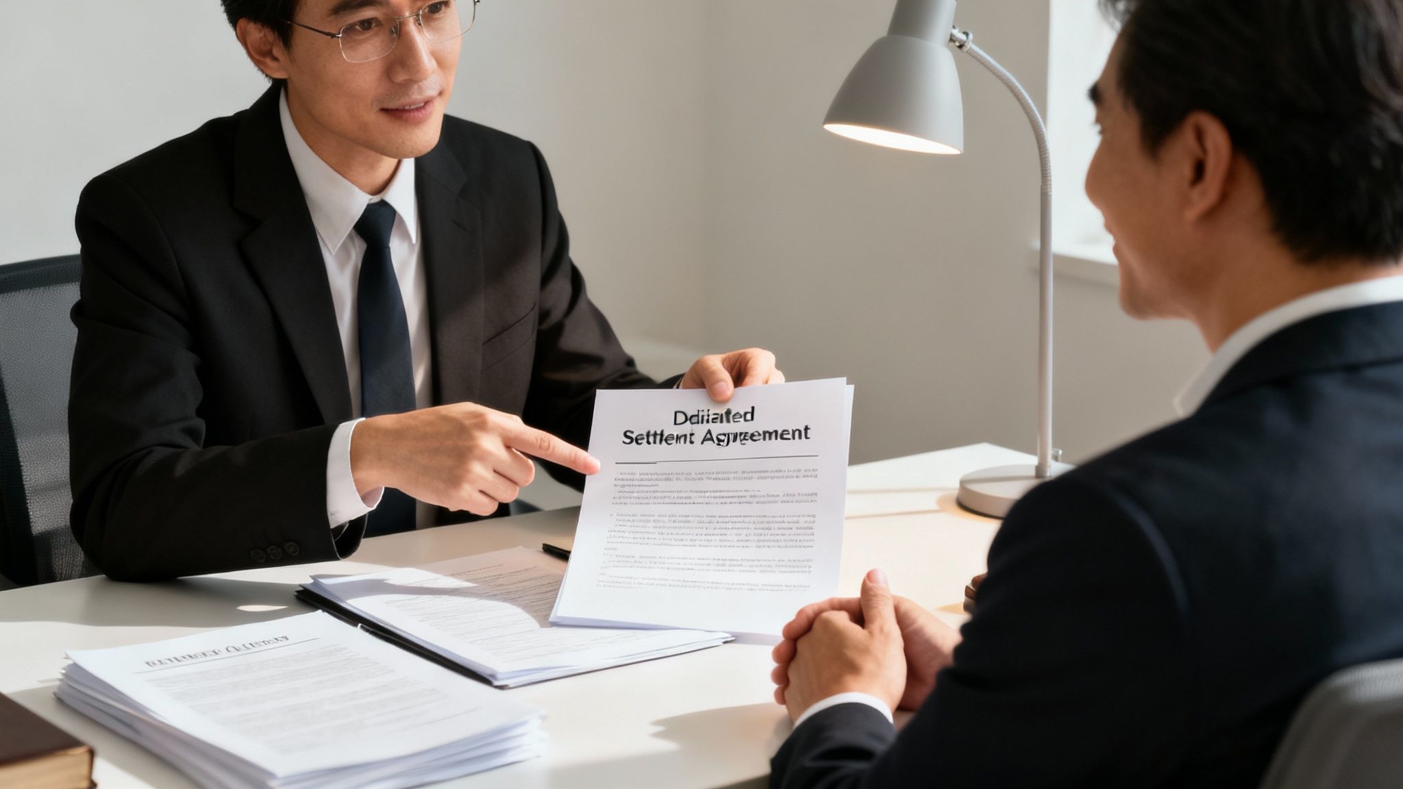 Lawyer explaining a dilated settlement agreement to a client during mediation session, emphasizing tenant rights and legal strategies in property disputes.