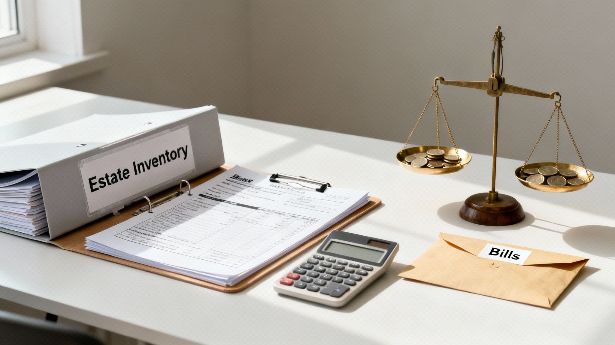 Estate inventory binder, financial documents, calculator, and envelope labeled "Bills" on a desk, symbolizing executor responsibilities in managing estate assets and settling debts.