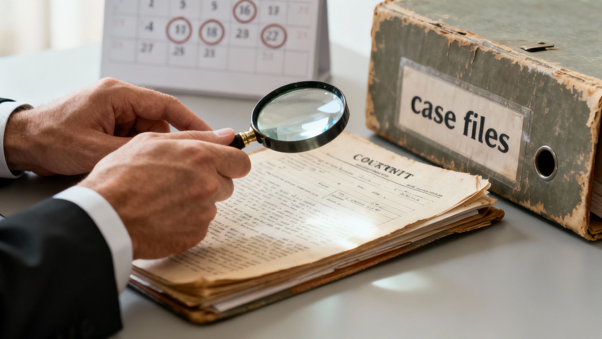 Hands holding a magnifying glass examine old legal documents next to a 'case files' box and calendar.