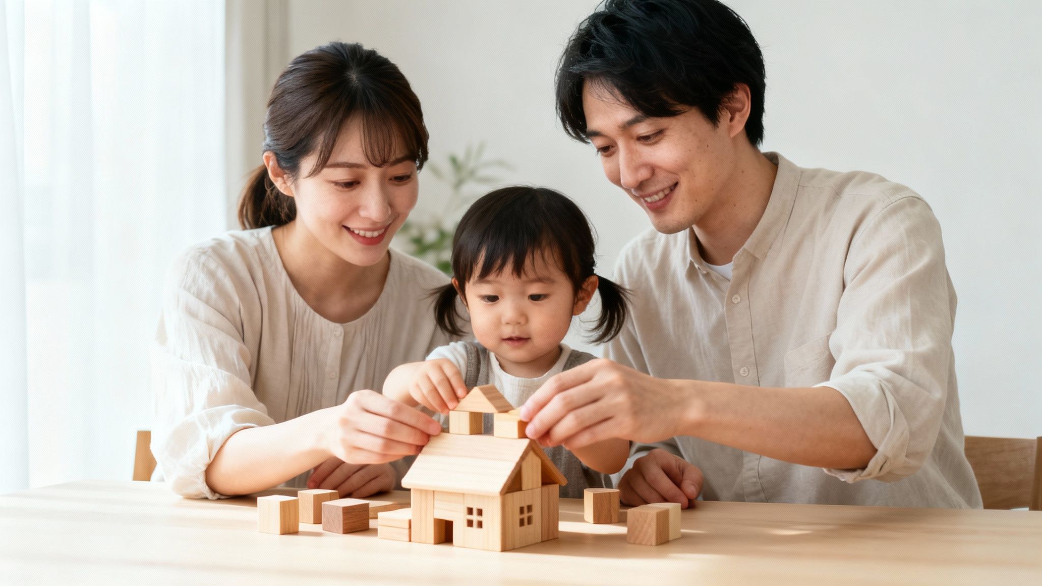 Joyful Asian family, including a toddler, constructing a toy house with wooden blocks.