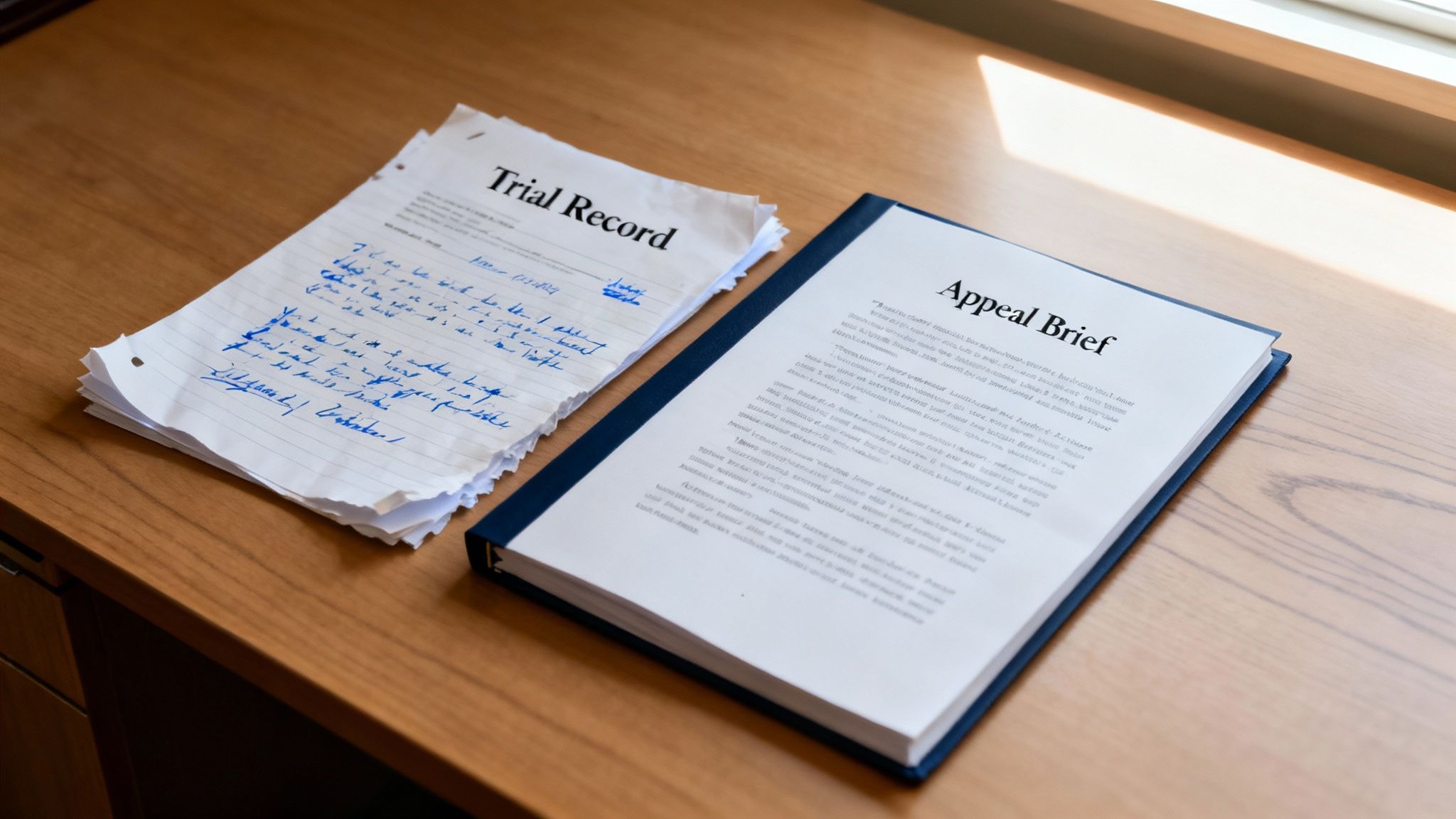 Trial record papers and an appeal brief on a wooden desk, illustrating the documentation process in family law appeals.