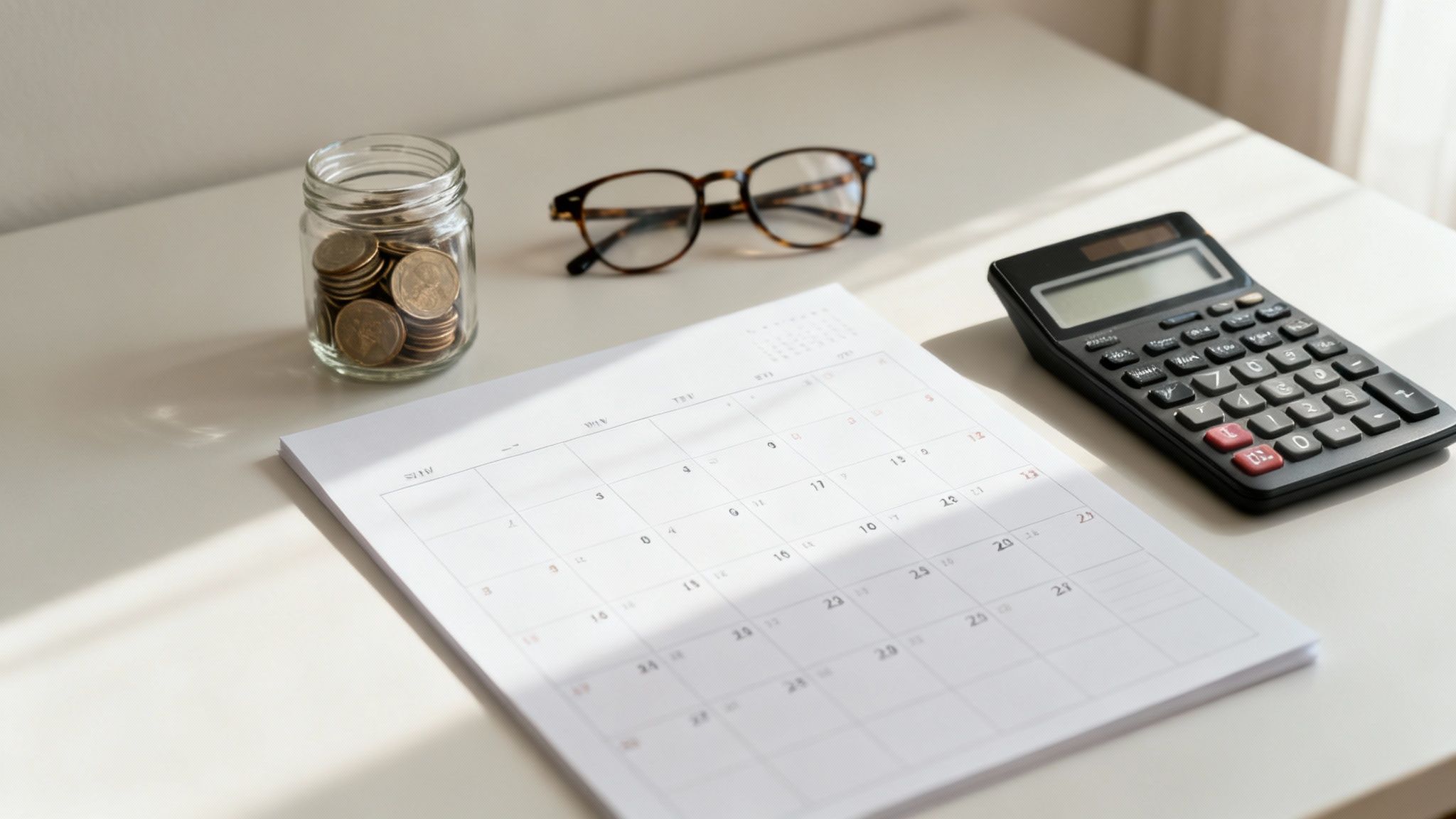 Vista aérea de un escritorio con un tarro de monedas, calendario, calculadora y gafas, simbolizando ahorro y planificación financiera.