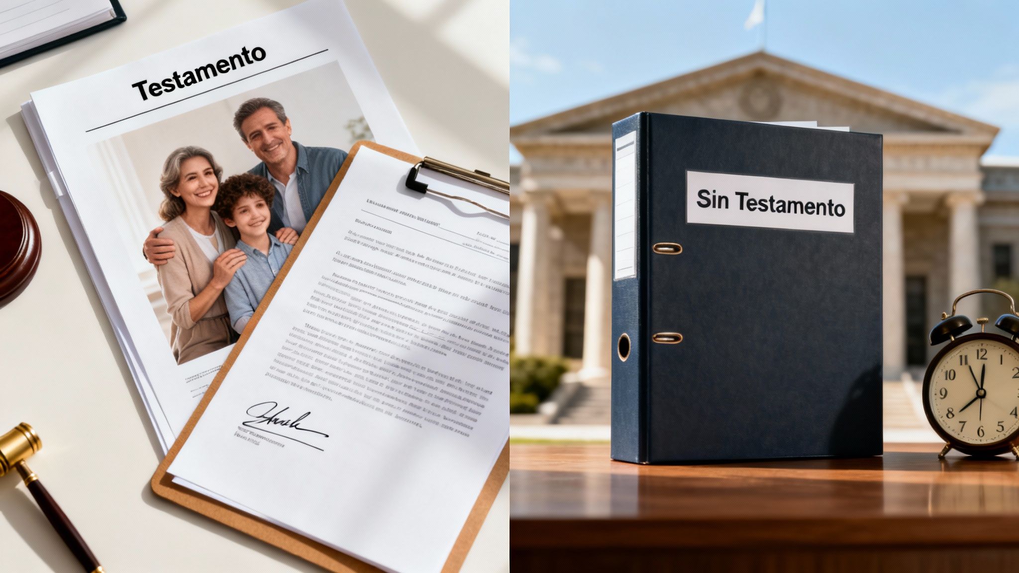 Comparación entre un testamento con foto familiar feliz y una carpeta que dice 'Sin Testamento' con un tribunal al fondo.