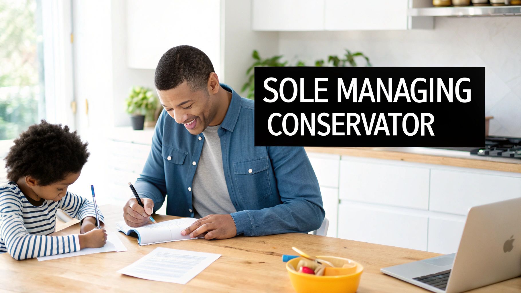 A smiling father and child are writing at a kitchen table. Text overlay: SOLE MANAGING CONSERVATOR.