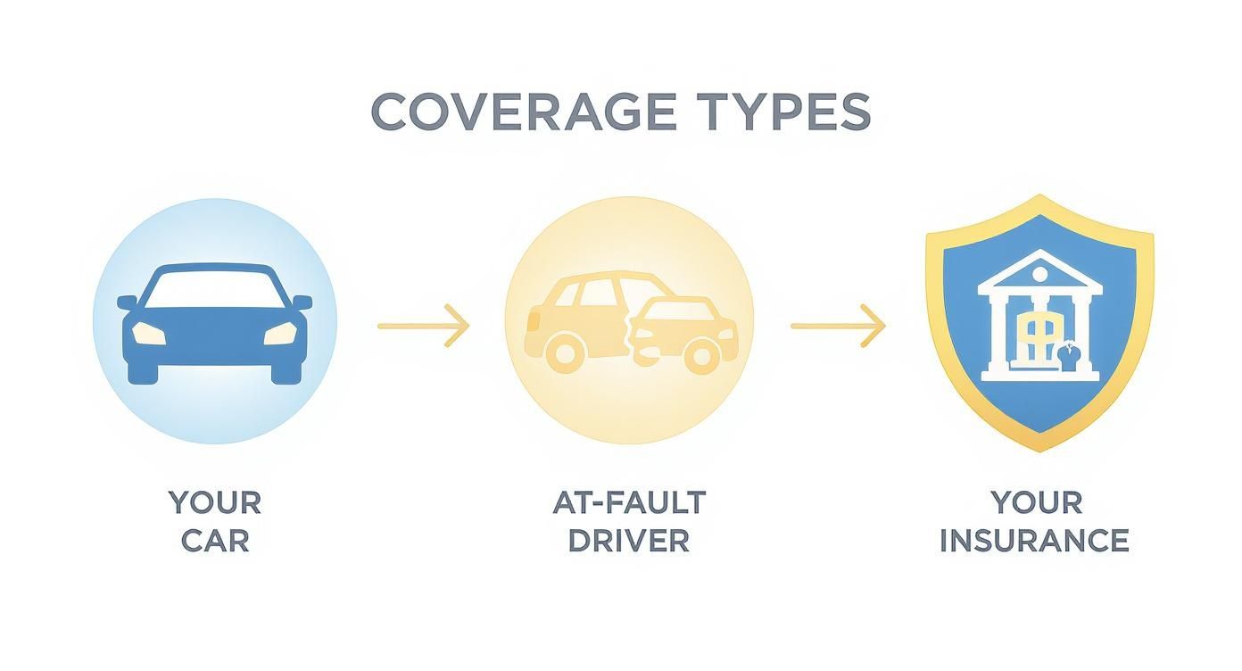 Infographic illustrating car insurance coverage types, showing the flow from your car to an at-fault driver and then to your insurance.