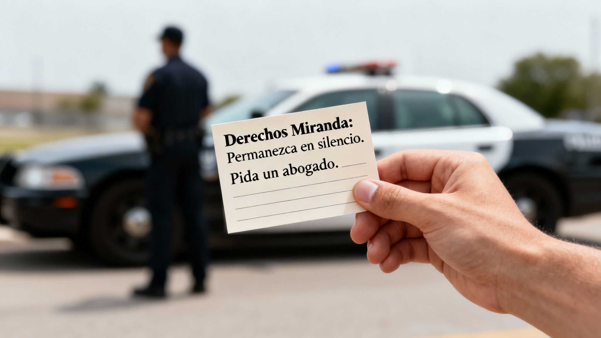 Mano sostiene tarjeta con derechos Miranda, con policía y coche patrulla de fondo borroso.
