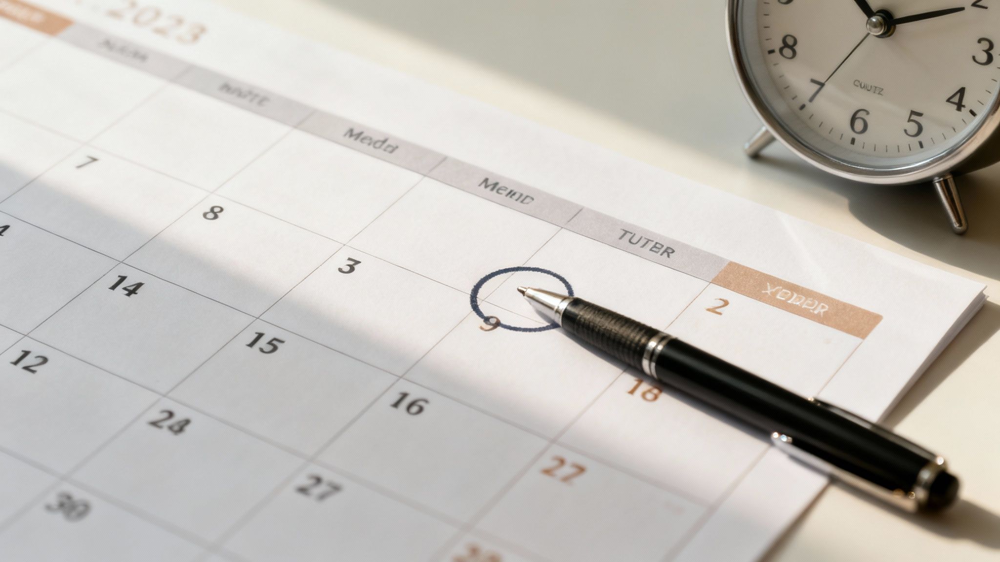 A black pen circles the date '9' on a 2023 desk calendar next to an alarm clock.