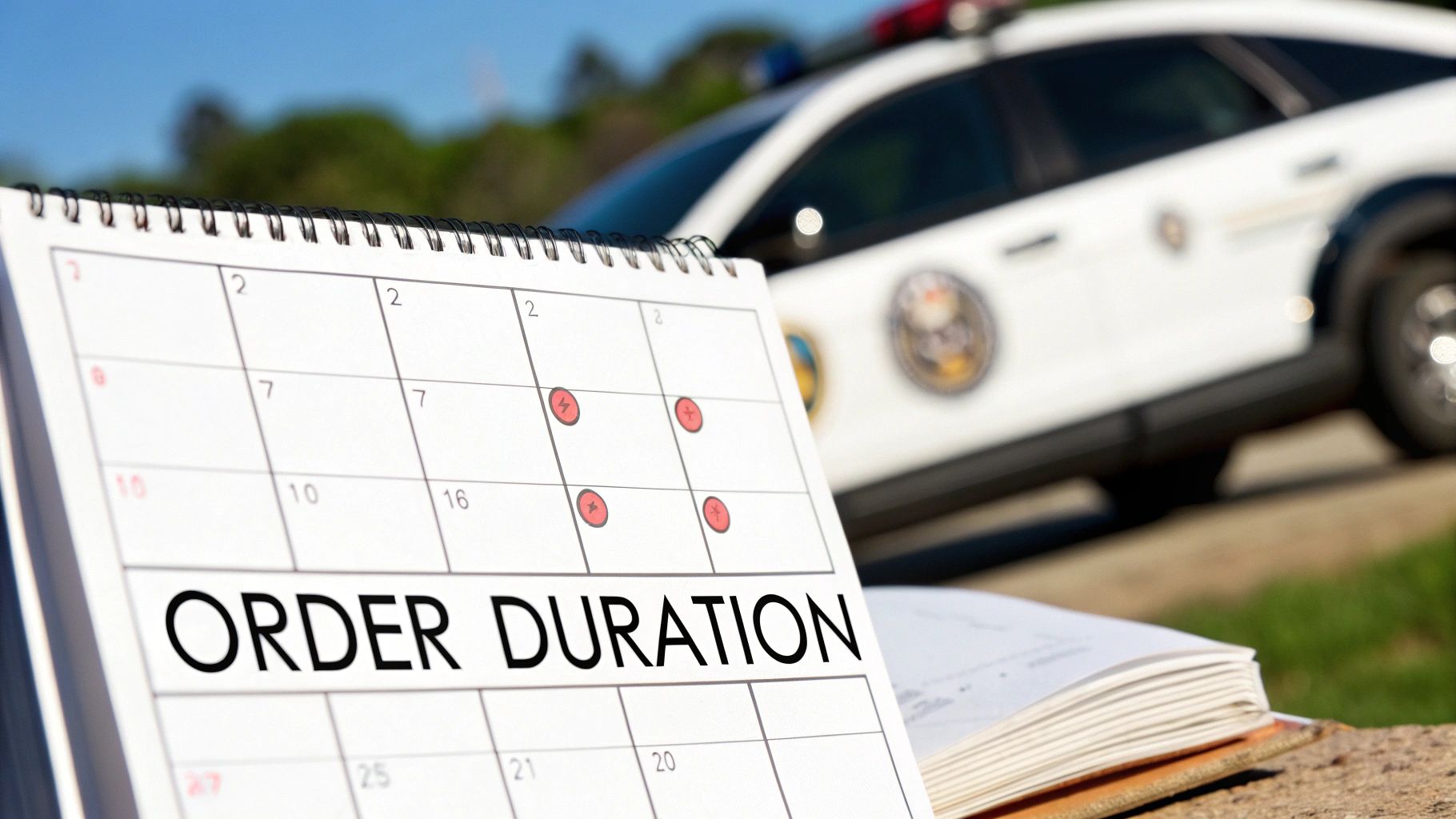 Calendar displaying order duration timeline with police car in background representing legal proceedings