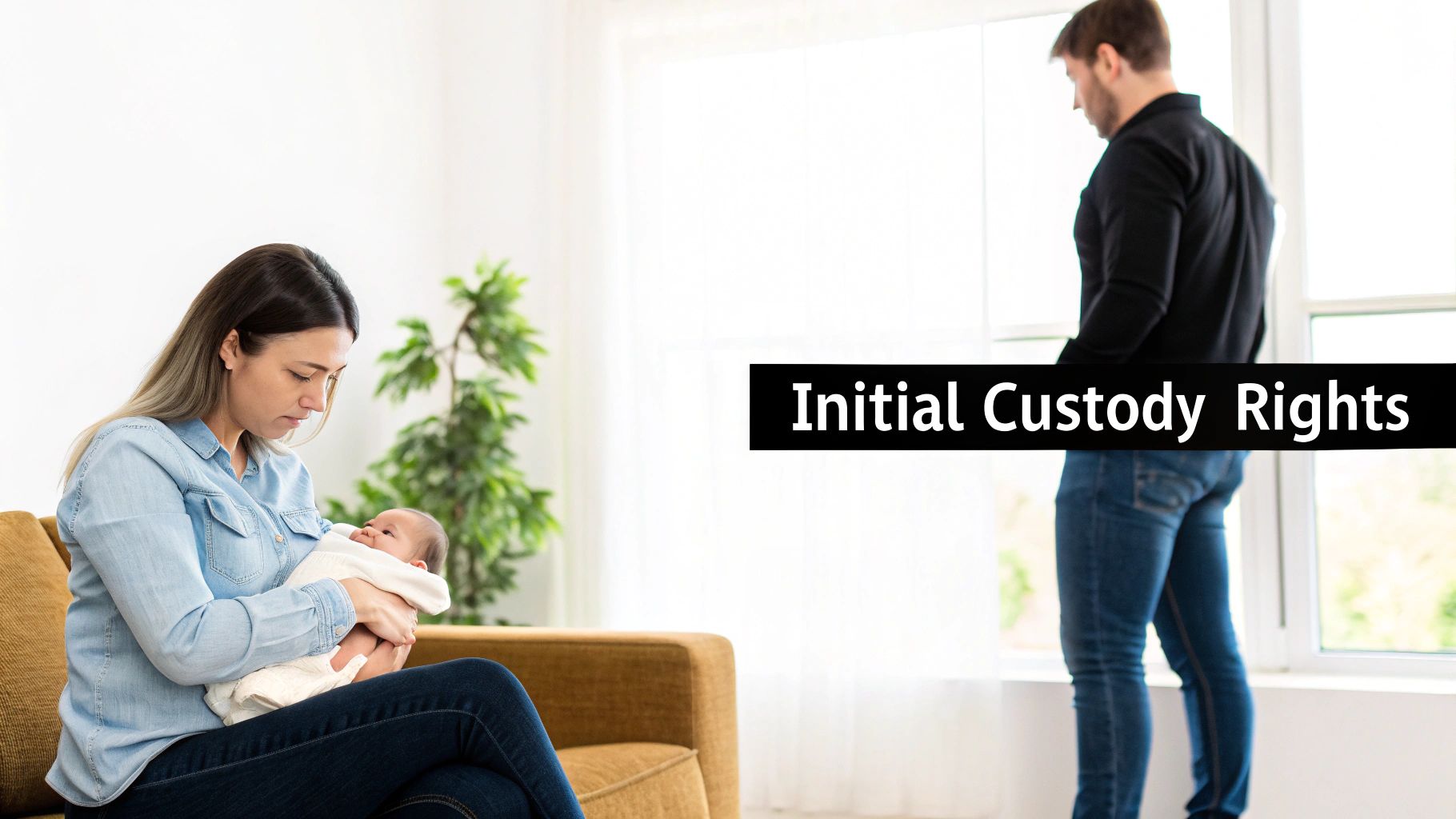 A mother gently holds her newborn baby on a couch, as a man stands by a window in the background, with the text 'Initial Custody Rights' overlayed.
