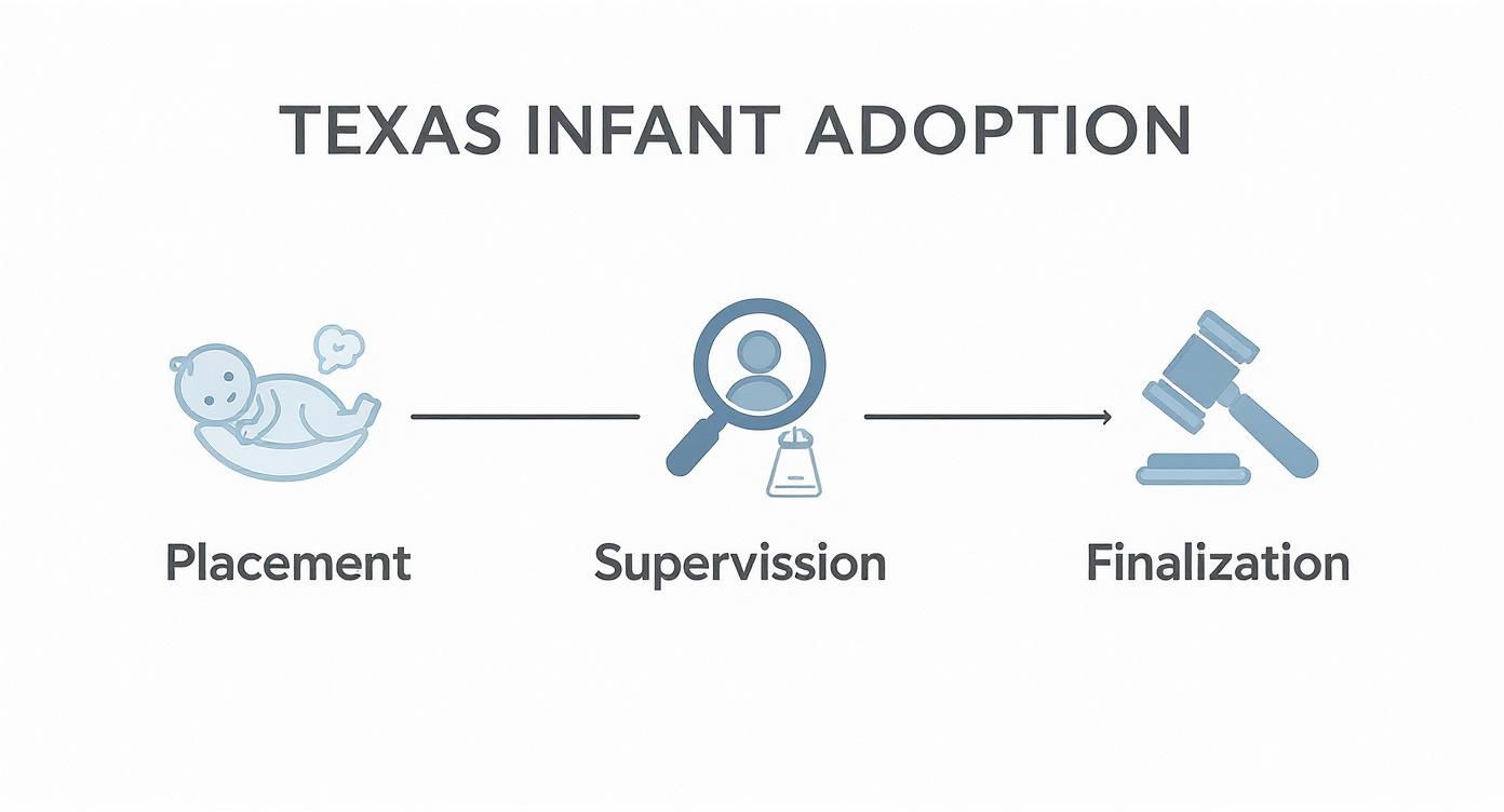 Flowchart illustrating the Texas infant adoption process with three main stages: Placement, Supervision, and Finalization.