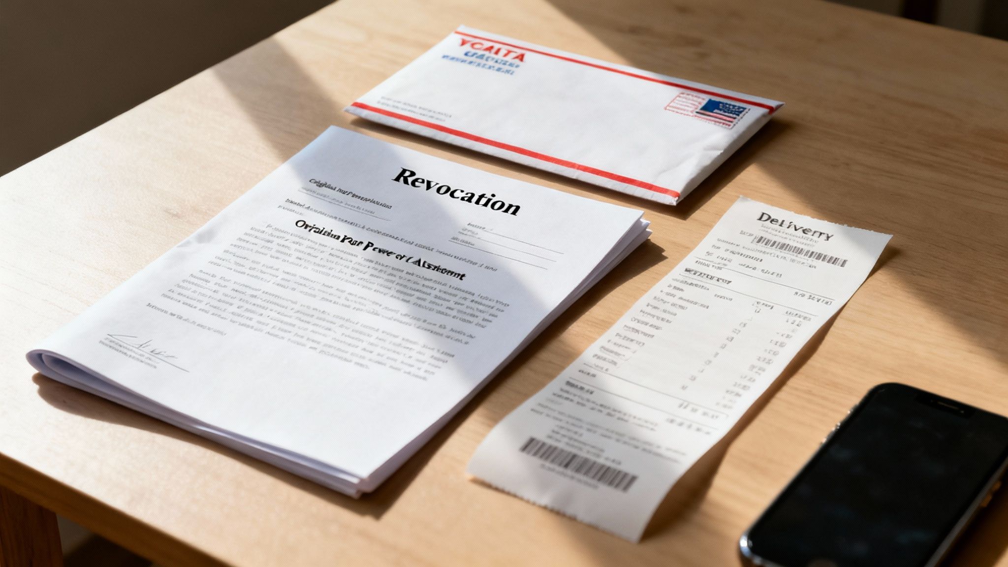 A legal revocation document, delivery receipt, and an envelope on a wooden desk next to a smartphone.