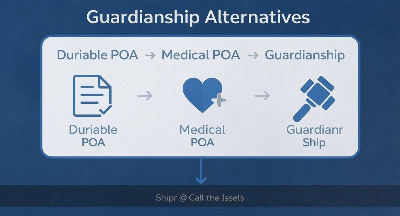 A flowchart showing guardianship alternatives: Durable POA, Medical POA, and Guardianship progression.