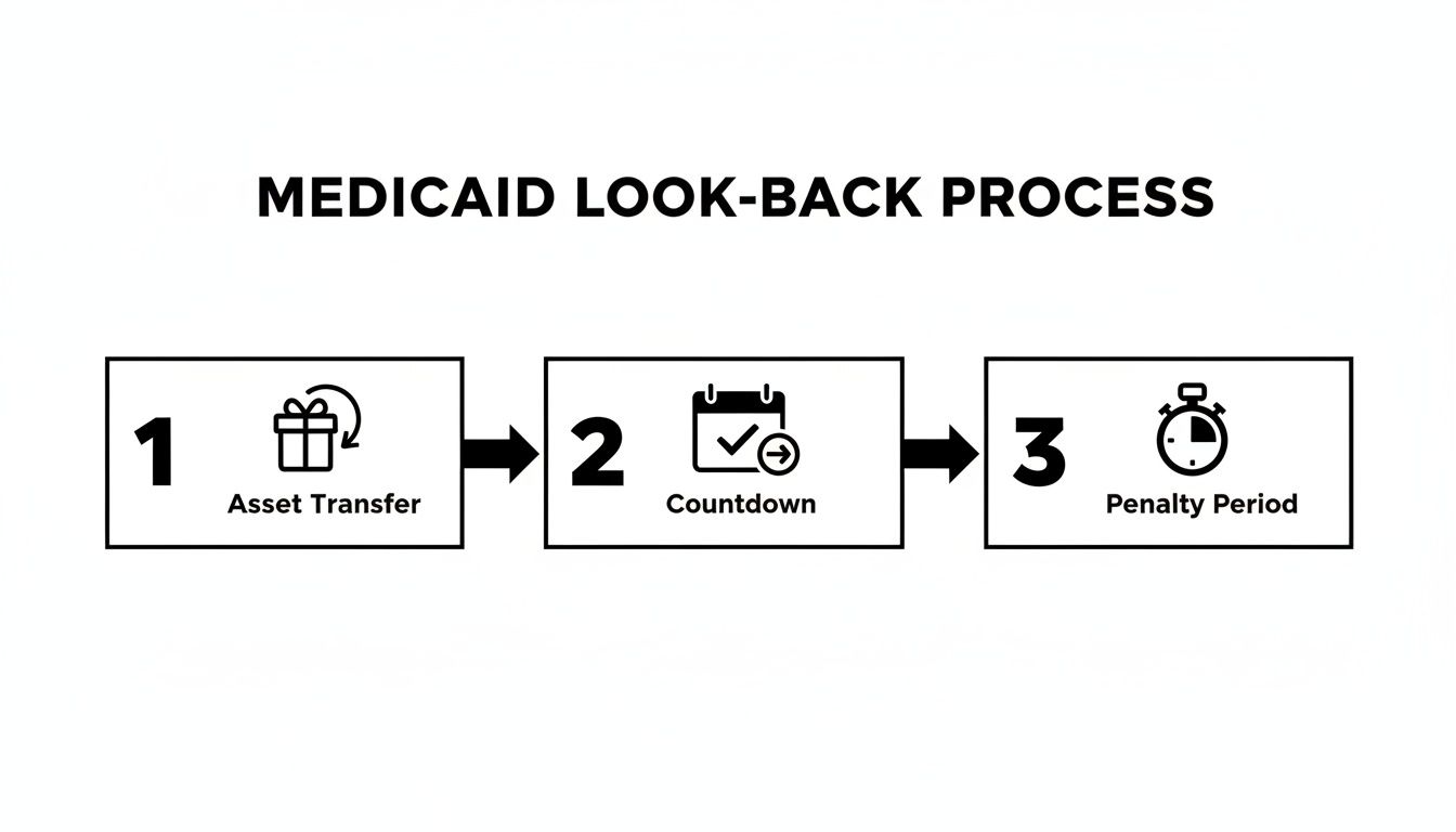 A three-step diagram illustrates the Medicaid look-back process: Asset Transfer, Countdown, and Penalty Period.