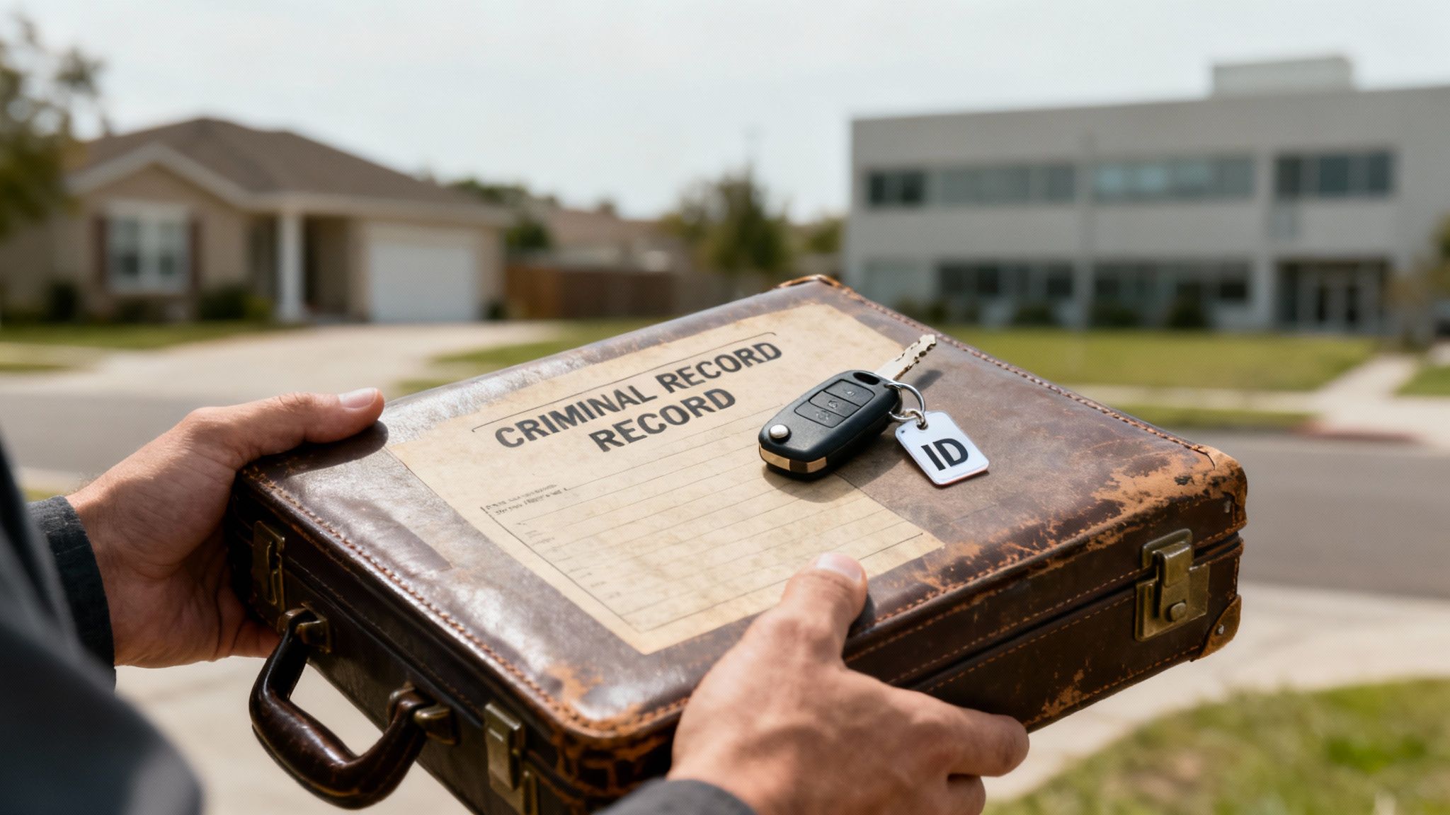 Person holding a leather briefcase labeled "CRIMINAL RECORD" with a car key and ID tag, in a residential area, symbolizing the serious implications of DUI penalties in Texas.