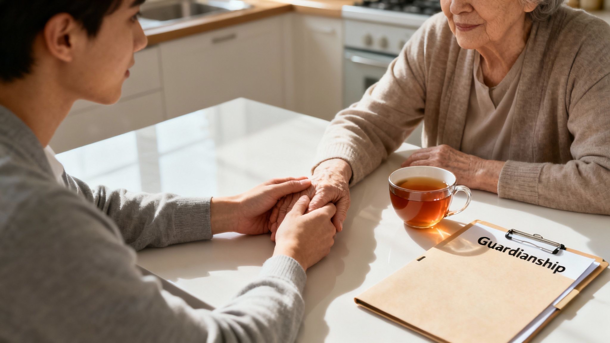 Young man holding hands with elderly woman, discussing guardianship, with a cup of tea and a file labeled "Guardianship" on the table.