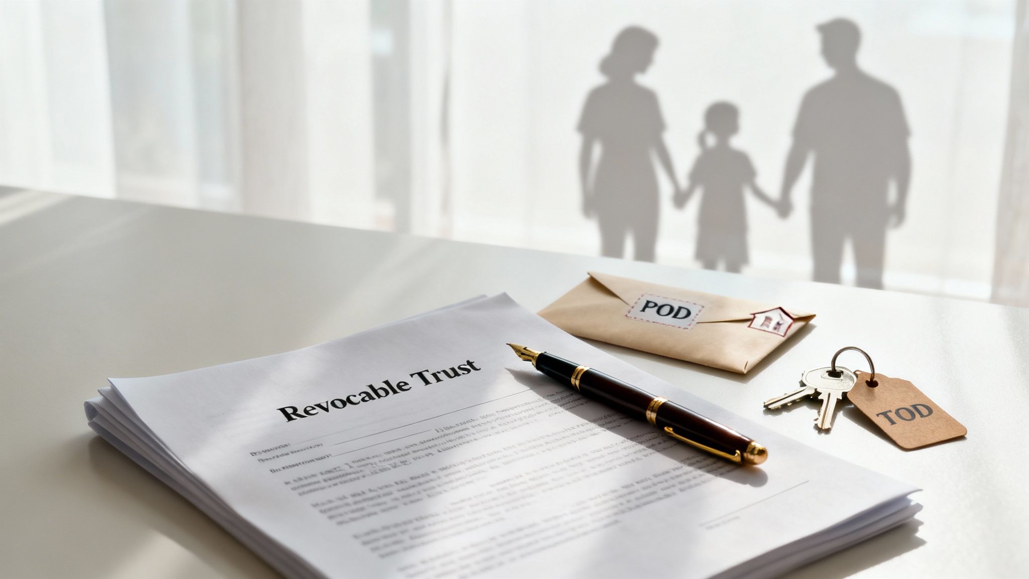 Revocable trust document with a fountain pen, keys labeled "TOD," and an envelope marked "POD," with shadows of a family holding hands in the background, symbolizing guardianship planning and estate management.