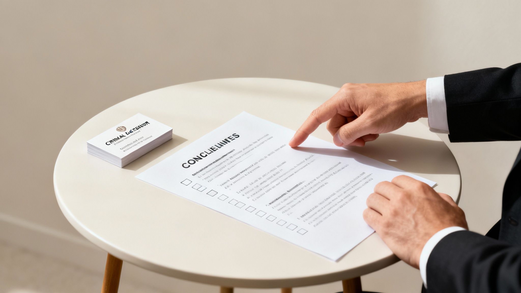 Hand pointing at a checklist titled "CONCLUSIONS" on a table, with a business card for a criminal defense attorney nearby, illustrating preparation for an initial consultation with a lawyer.