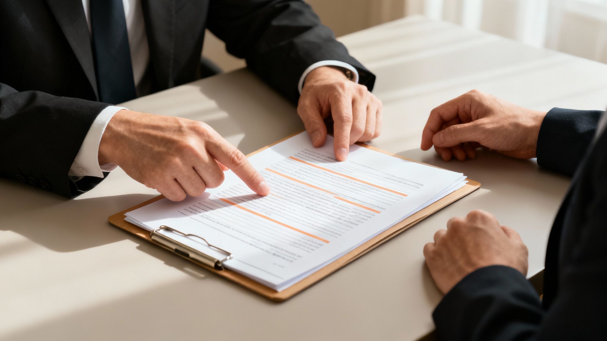 Attorney pointing at legal documents during a consultation about probation violation defense strategies.