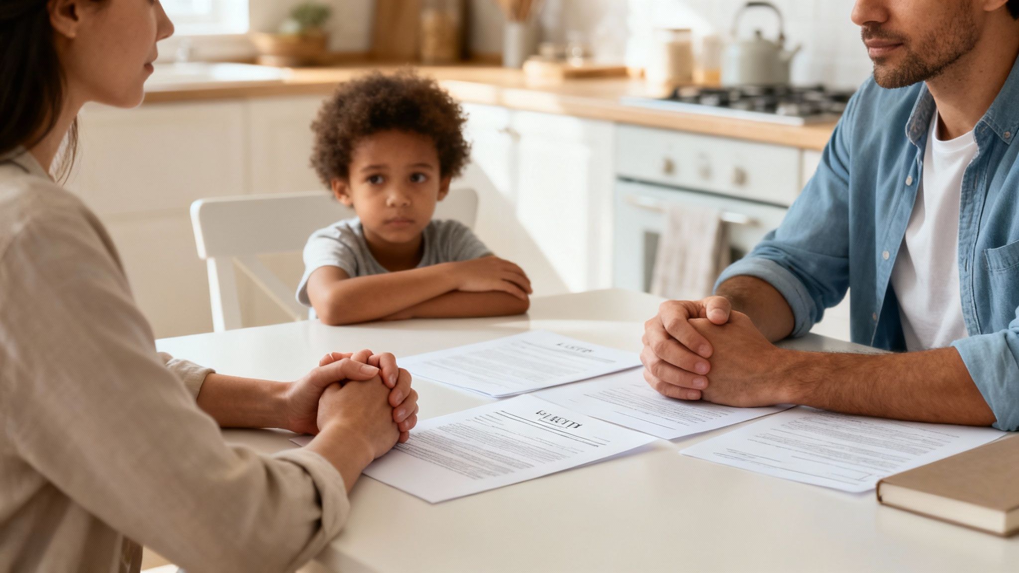 A family is sitting on a couch, talking with a compassionate lawyer.