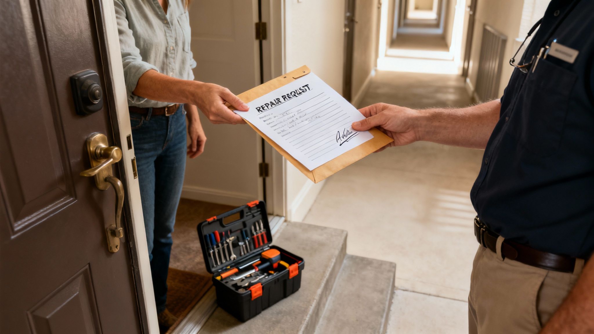 Person handing over a formal repair request document to a maintenance worker at an apartment door, with a toolbox visible on the ground, illustrating the process of submitting repair requests during landlord transition.