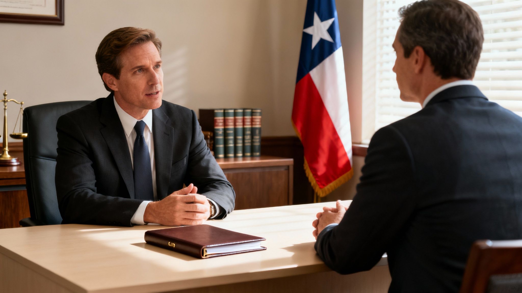 Two men in suits discuss legal matters at a desk with a Texas flag in the background.
