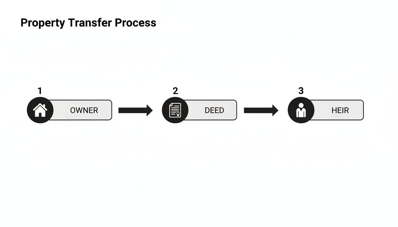 A diagram illustrates the property transfer process: Owner transfers property via Deed to an Heir.