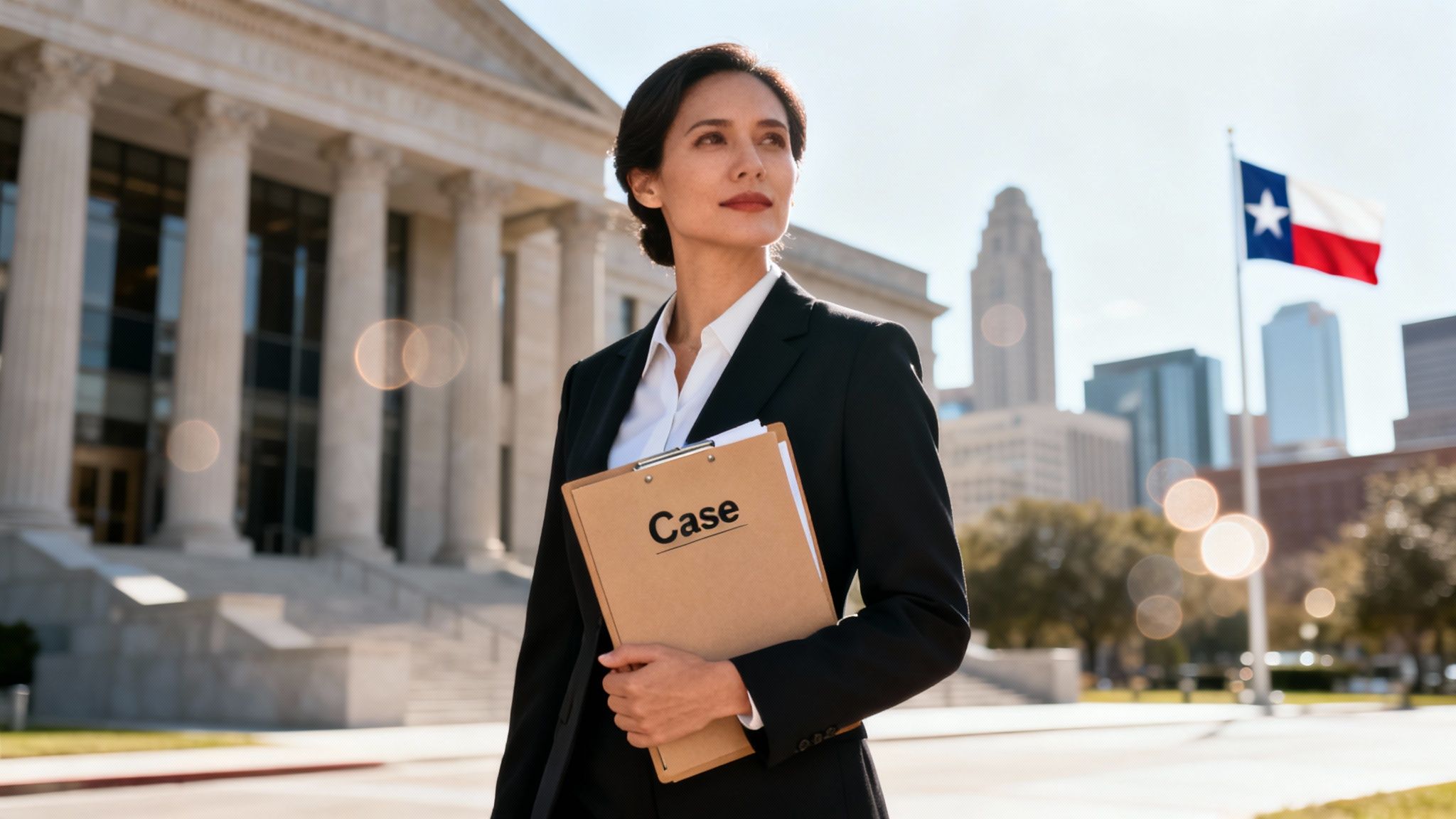 A professional female lawyer stands confidently with a 'Case' clipboard in front of a courthouse and the Texas flag.