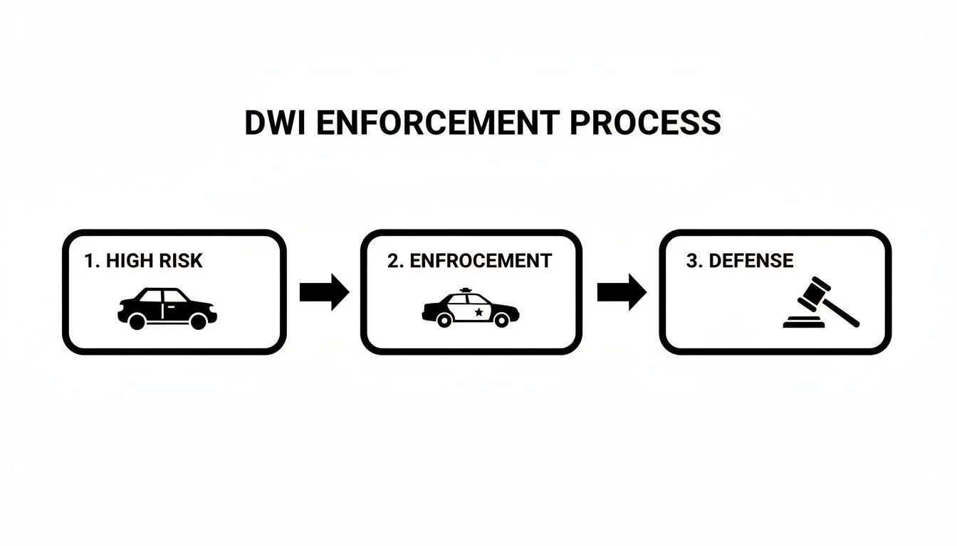 Flowchart illustrating the DWI enforcement process, including High Risk, Enforcement, and Defense steps.