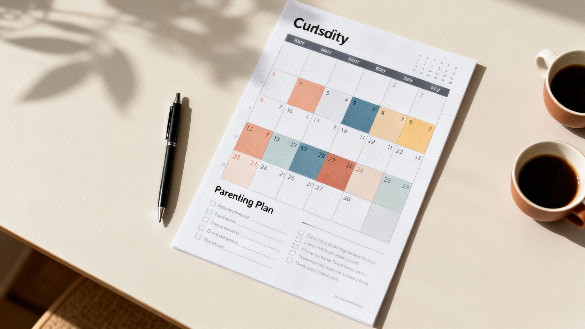 A calendar with a parenting plan checklist and schedule, a pen, and two coffee cups on a light desk.