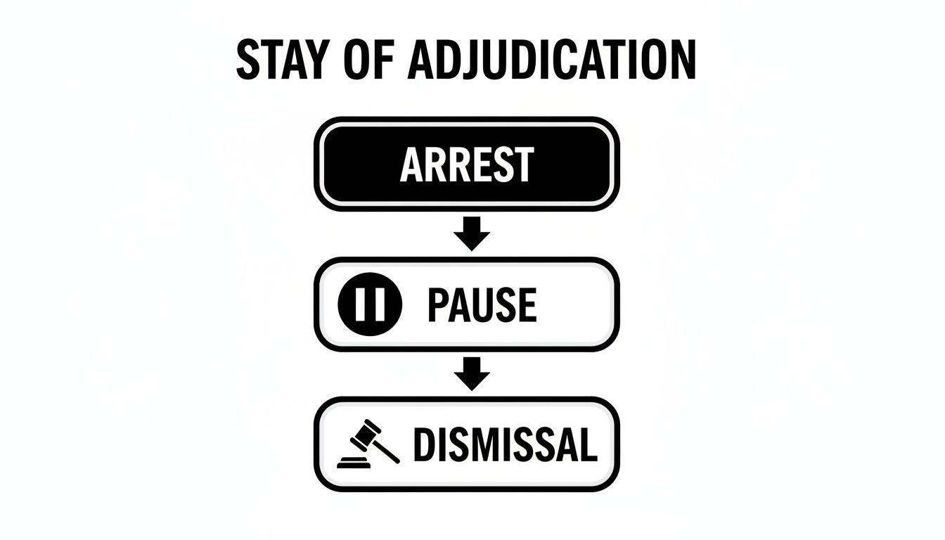 Stay of adjudication flowchart illustrating steps: arrest, pause, and dismissal, relevant to DWI legal options in Texas.