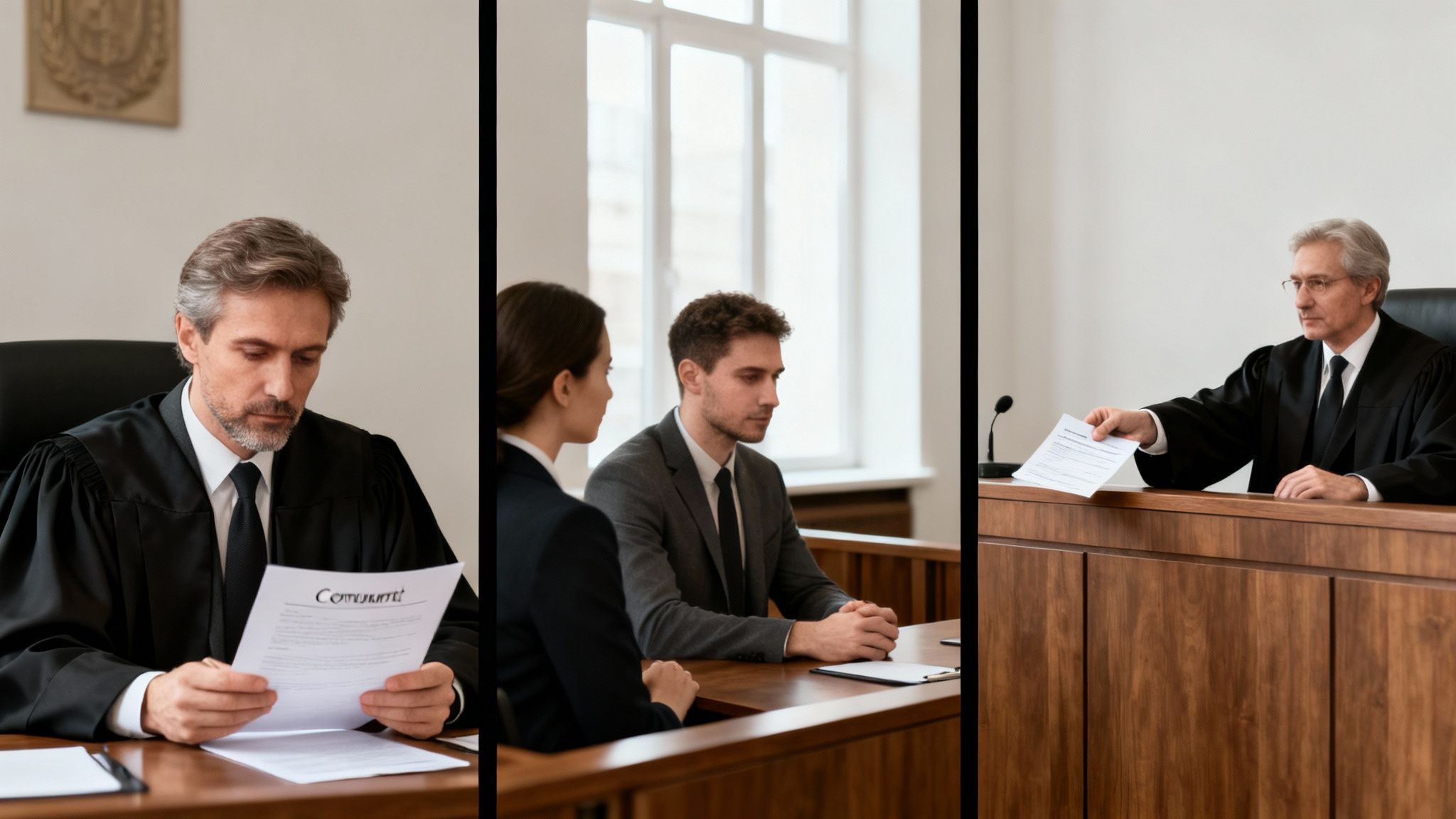 Multiple scenes show judges, a defendant, and a lawyer in a courtroom during legal proceedings.