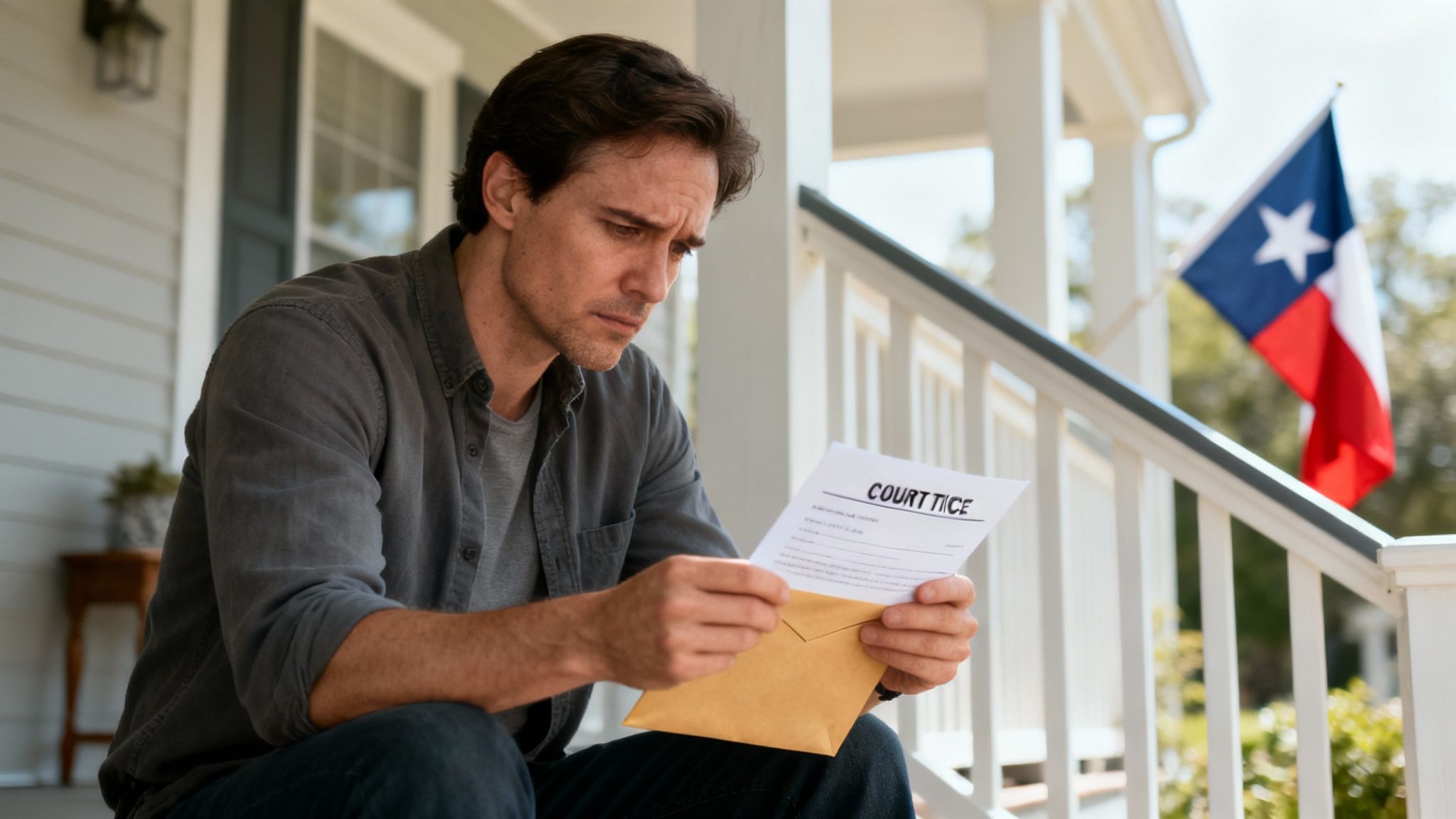 Man sitting on a porch holding a court notice letter, concerned expression, Texas flag in background, reflecting the anxiety of facing probation violation consequences.