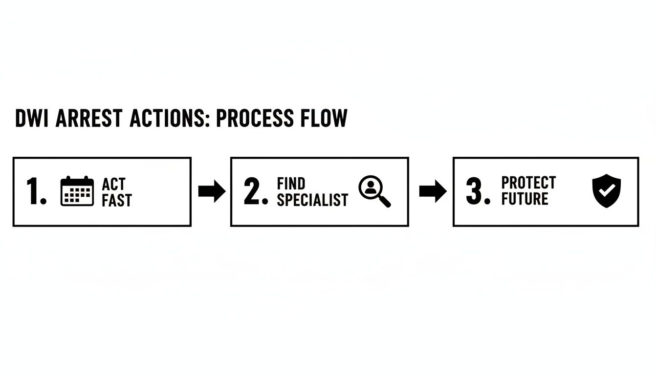 DWI arrest actions process flow: steps to act fast, find a specialist, and protect your future, emphasizing urgency in selecting a criminal defense attorney.