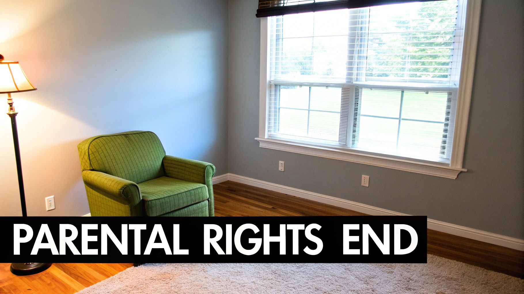 A brightly lit room featuring a green armchair, a floor lamp, and a window with blinds.