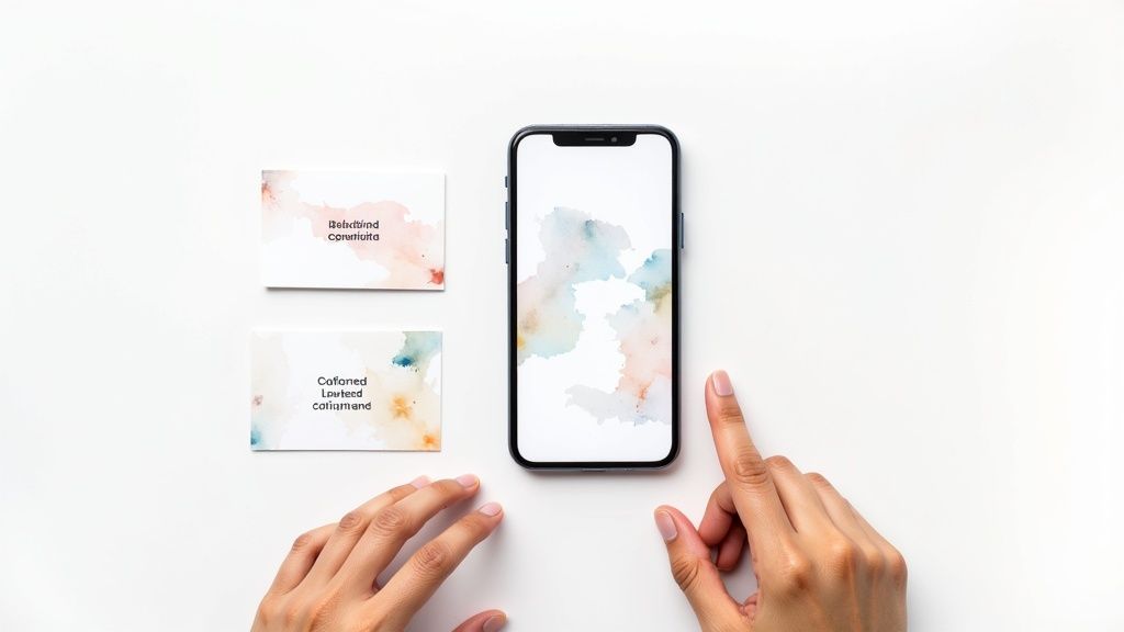 Smartphone displaying abstract watercolor background with business cards for a divorce attorney, emphasizing local legal support in Humble, TX.