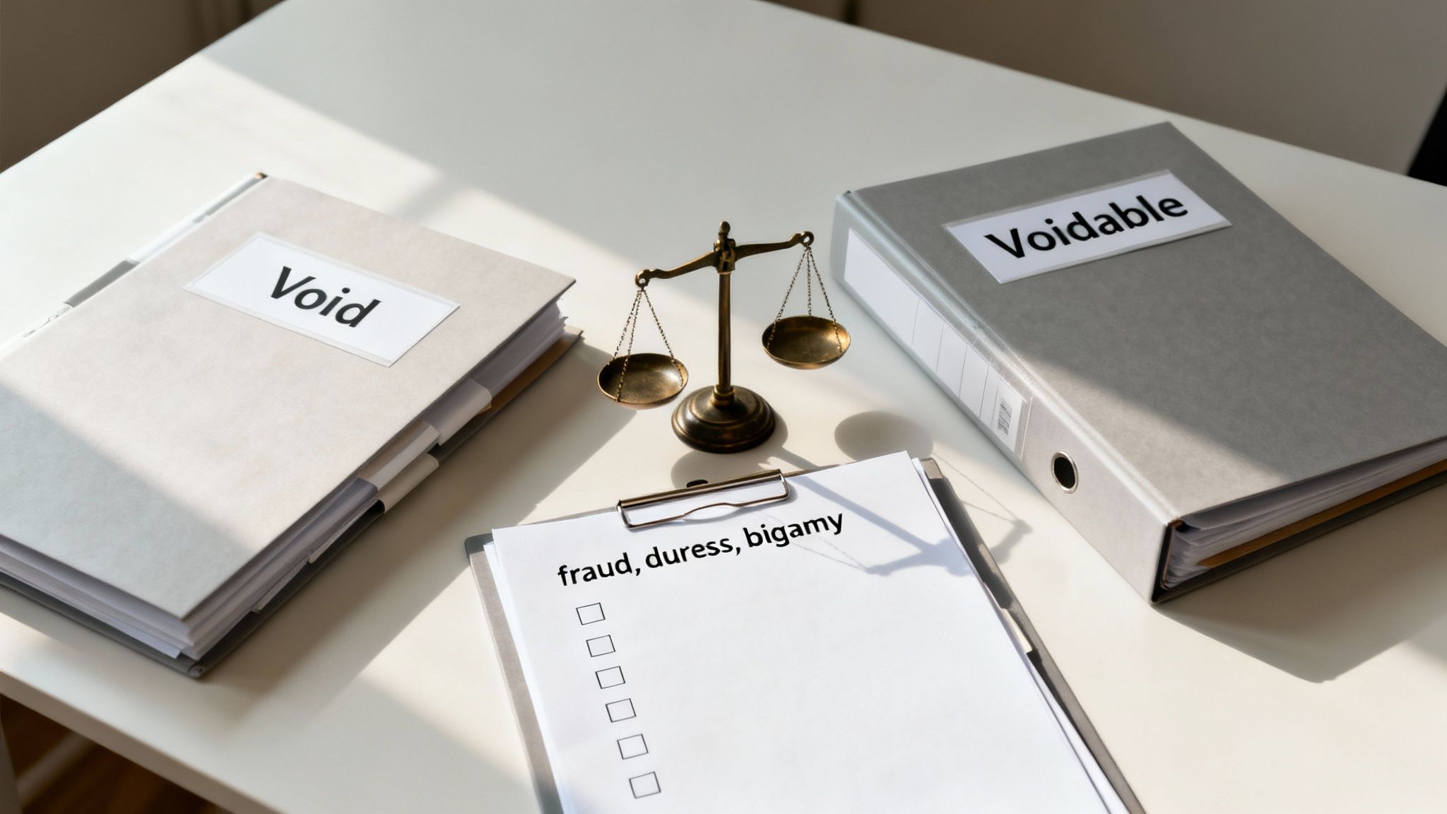 Legal documents labeled "Void" and "Voidable" with a scale symbolizing justice, alongside a checklist mentioning "fraud, duress, bigamy" relevant to annulment grounds in Texas.