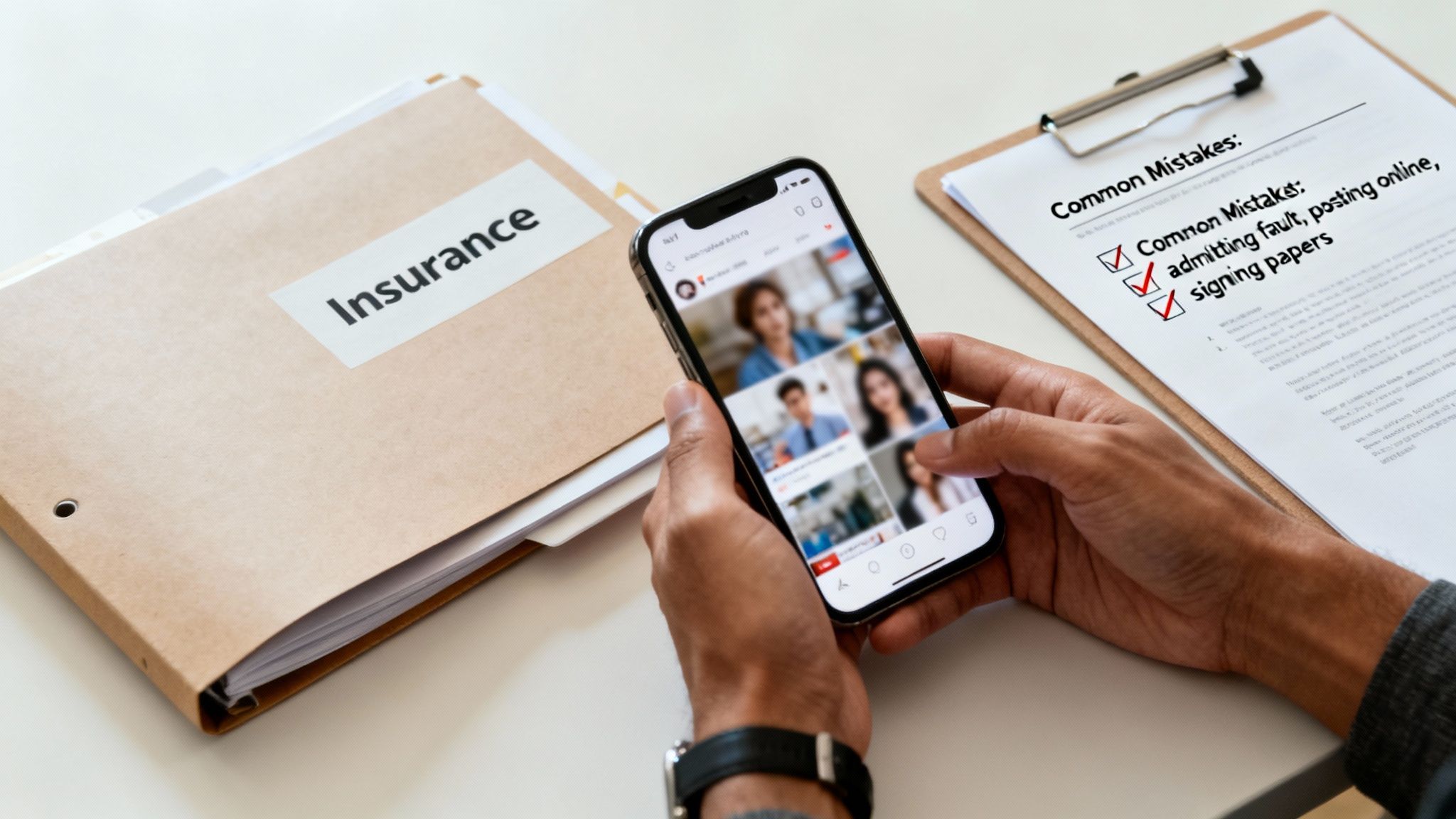 Hands holding a smartphone next to an 'Insurance' folder and a 'Common Mistakes' checklist about accidents.
