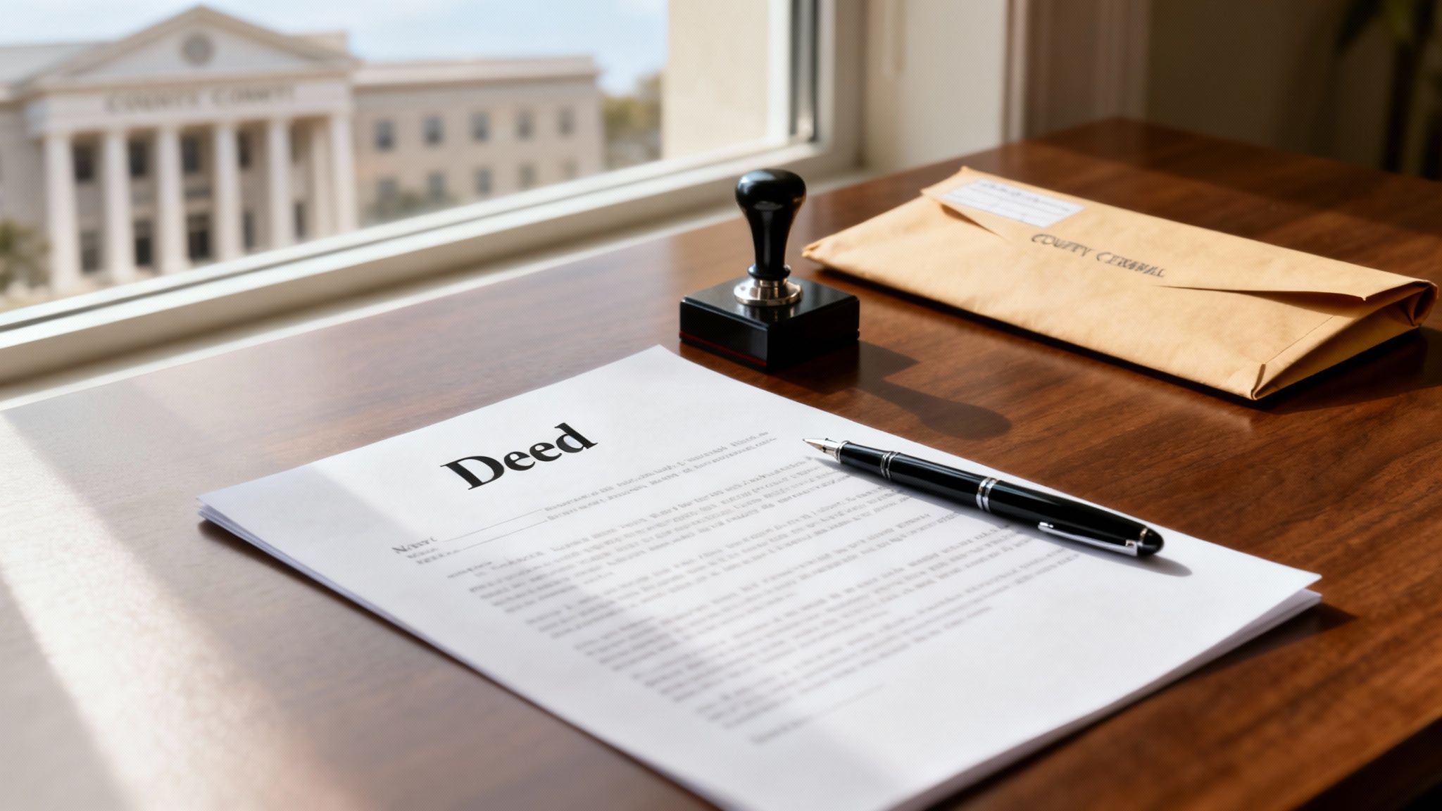 Deed document on wooden table with pen and stamp, showcasing legal paperwork for estate planning in Texas, emphasizing the importance of accuracy in creating a Lady Bird Deed.
