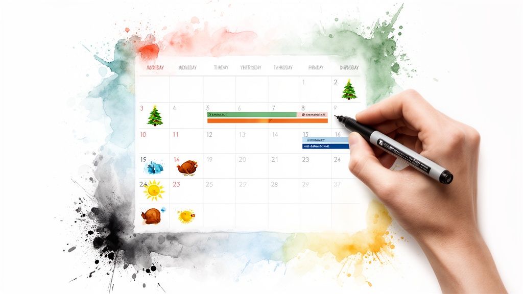 Co-parenting event calendar with hand writing on schedule, featuring holiday icons like Christmas trees and turkeys, emphasizing structured planning for special occasions.