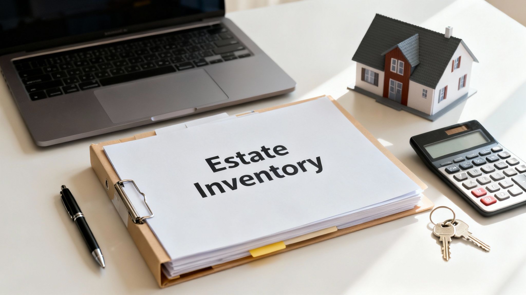 A desk with a laptop, 'Estate Inventory' folder, house model, calculator, and keys for estate planning.