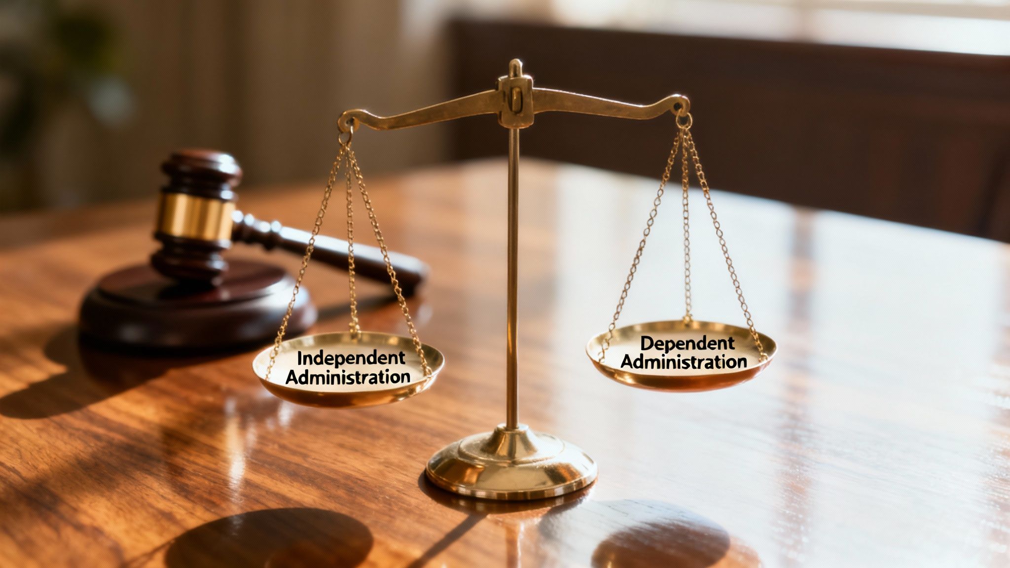 Scales of justice displaying "Independent Administration" and "Dependent Administration," with a gavel in the background, symbolizing Texas probate law distinctions.