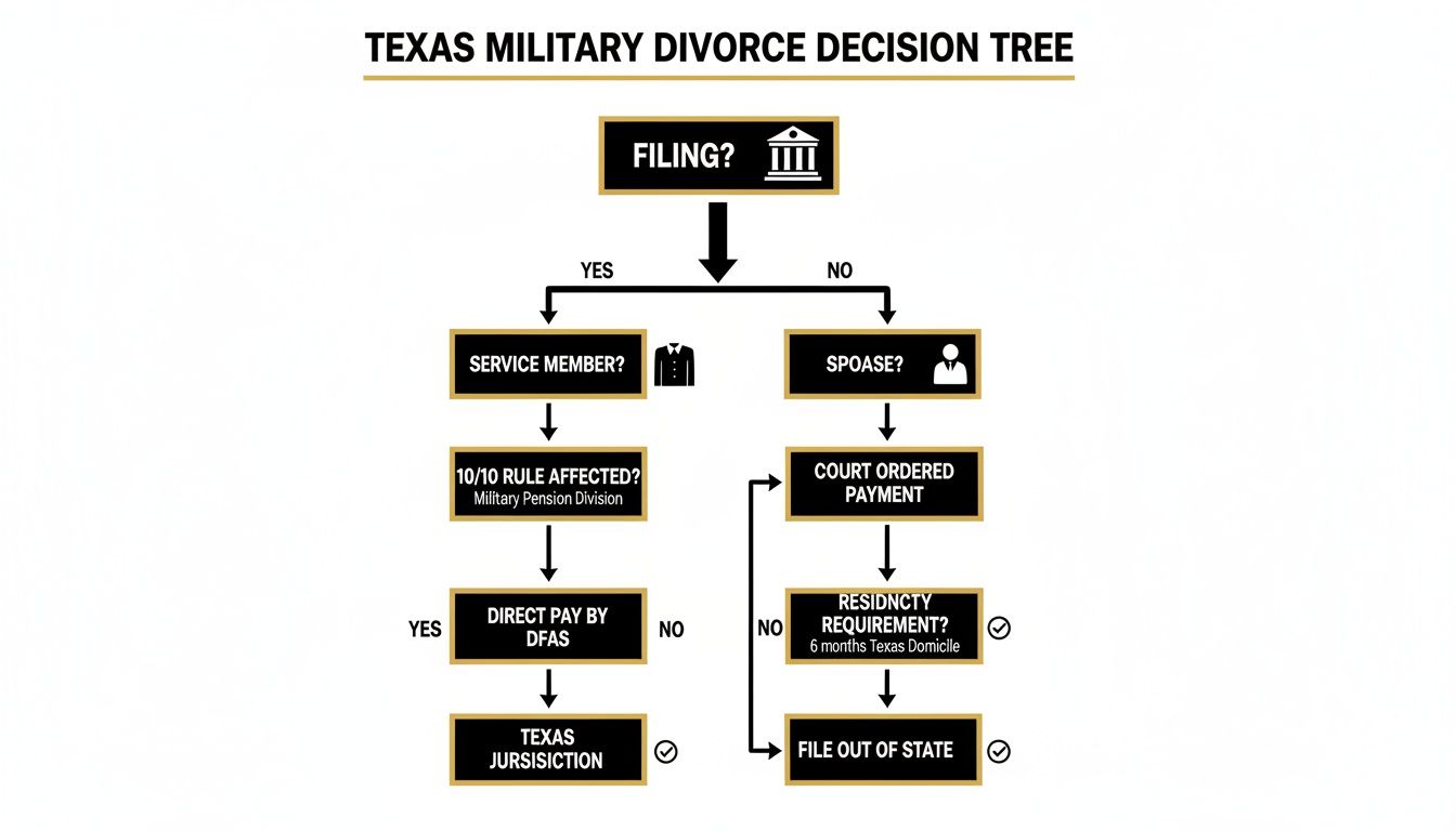 Decision tree outlining Texas military divorce filing process, rules, and jurisdiction requirements for service members and spouses.